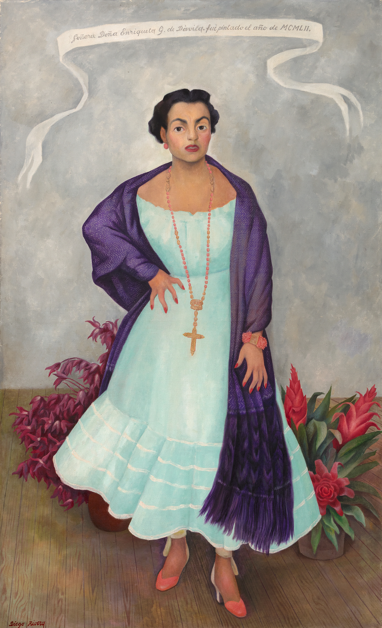 DIEGO RIVERA - Portrait of Enriqueta G. Dávila
<br>In Diego Rivera’s portrait of Enriqueta Dávila, the artist asserts a Mexicanidad, a quality of Mexican-ness, in the work along with his strong feelings towards the sitter. Moreover, this painting is unique amongst his portraiture in its use of symbolism, giving us a strong if opaque picture of the relationship between artist and sitter.
<br>
<br>Enriqueta, a descendent of the prominent Goldbaum family, was married to the theater entrepreneur, José María Dávila. The two were close friends with Rivera, and the artist initially requested to paint Enriqueta’s portrait. Enriqueta found the request unconventional and relented on the condition that Rivera paints her daughter, Enriqueta “Quetita”. Rivera captures the spirit of the mother through the use of duality in different sections of the painting, from the floorboards to her hands, and even the flowers. Why the split in the horizon of the floorboard? Why the prominent cross while Enriqueta’s family is Jewish? Even her pose is interesting, showcasing a woman in control of her own power, highlighted by her hand on her hip which Rivera referred to as a claw, further complicating our understanding of her stature.
<br>
<br>This use of flowers, along with her “rebozo” or shawl, asserts a Mexican identity. Rivera was adept at including and centering flowers in his works which became a kind of signature device. The flowers show bromeliads and roselles; the former is epiphytic and the latter known as flor de jamaica and often used in hibiscus tea and aguas frescas. There is a tension then between these two flowers, emphasizing the complicated relationship between Enriqueta and Rivera. On the one hand, Rivera demonstrates both his and the sitter’s Mexican identity despite the foreign root of Enriqueta’s family but there may be more pointed meaning revealing Rivera’s feelings to the subject. The flowers, as they often do in still life paintings, may also refer to the fleeting nature of life and beauty. The portrait for her daughter shares some similarities from the use of shawl and flowers, but through simple changes in gestures and type and placement of flowers, Rivera illuminates a stronger personality in Enriqueta and a more dynamic relationship as filtered through his lens.
<br>
<br>A closer examination of even her clothing reveals profound meaning. Instead of a dress more in line for a socialite, Rivera has Enriqueta in a regional dress from Jalisco, emphasizing both of their Mexican identities. On the other hand, her coral jewelry, repeated in the color of her shoes, hints at multiple meanings from foreignness and exoticism to protection and vitality. From Ancient Egypt to Classical Rome to today, coral has been used for jewelry and to have been believed to have properties both real and symbolic. Coral jewelry is seen in Renaissance paintings indicating the vitality and purity of woman or as a protective amulet for infants. It is also used as a reminder, when paired with the infant Jesus, of his future sacrifice. Diego’s use of coral recalls these Renaissance portraits, supported by the plain background of the painting and the ribbon indicating the maker and date similar to Old Master works.
<br>
<br>When combined in the portrait of Enriqueta, we get a layered and tense building of symbolism. Rivera both emphasizes her Mexican identity but also her foreign roots. He symbolizes her beauty and vitality but look closely at half of her face and it is as if Rivera has painted his own features onto hers. The richness of symbolism hints at the complex relationship between artist and sitter.