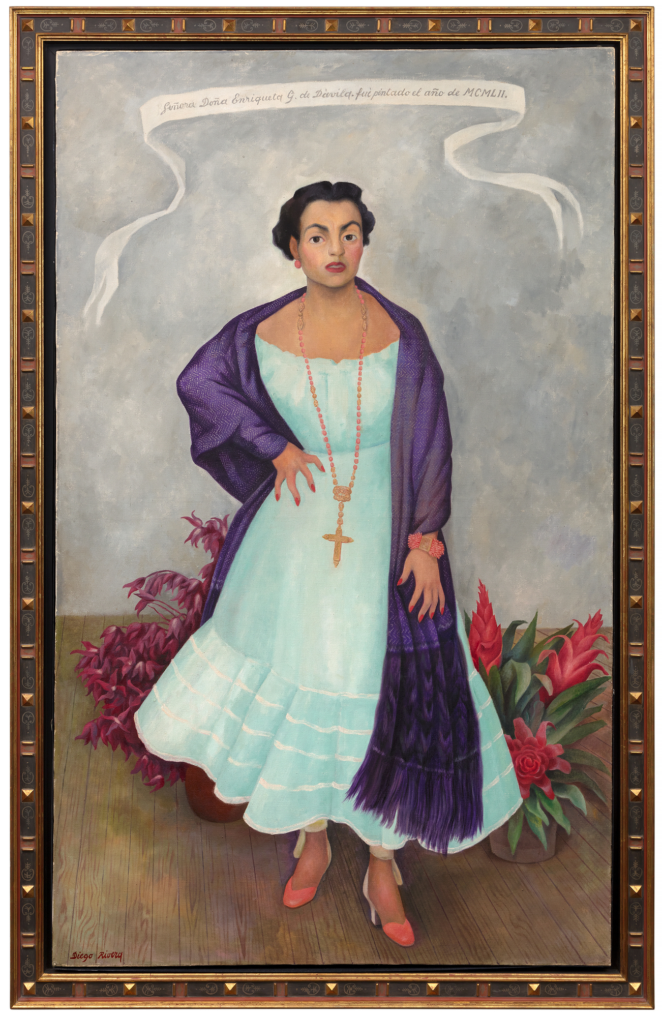 DIEGO RIVERA - Portrait of Enriqueta G. Dávila
<br>In Diego Rivera’s portrait of Enriqueta Dávila, the artist asserts a Mexicanidad, a quality of Mexican-ness, in the work along with his strong feelings towards the sitter. Moreover, this painting is unique amongst his portraiture in its use of symbolism, giving us a strong if opaque picture of the relationship between artist and sitter.
<br>
<br>Enriqueta, a descendent of the prominent Goldbaum family, was married to the theater entrepreneur, José María Dávila. The two were close friends with Rivera, and the artist initially requested to paint Enriqueta’s portrait. Enriqueta found the request unconventional and relented on the condition that Rivera paints her daughter, Enriqueta “Quetita”. Rivera captures the spirit of the mother through the use of duality in different sections of the painting, from the floorboards to her hands, and even the flowers. Why the split in the horizon of the floorboard? Why the prominent cross while Enriqueta’s family is Jewish? Even her pose is interesting, showcasing a woman in control of her own power, highlighted by her hand on her hip which Rivera referred to as a claw, further complicating our understanding of her stature.
<br>
<br>This use of flowers, along with her “rebozo” or shawl, asserts a Mexican identity. Rivera was adept at including and centering flowers in his works which became a kind of signature device. The flowers show bromeliads and roselles; the former is epiphytic and the latter known as flor de jamaica and often used in hibiscus tea and aguas frescas. There is a tension then between these two flowers, emphasizing the complicated relationship between Enriqueta and Rivera. On the one hand, Rivera demonstrates both his and the sitter’s Mexican identity despite the foreign root of Enriqueta’s family but there may be more pointed meaning revealing Rivera’s feelings to the subject. The flowers, as they often do in still life paintings, may also refer to the fleeting nature of life and beauty. The portrait for her daughter shares some similarities from the use of shawl and flowers, but through simple changes in gestures and type and placement of flowers, Rivera illuminates a stronger personality in Enriqueta and a more dynamic relationship as filtered through his lens.
<br>
<br>A closer examination of even her clothing reveals profound meaning. Instead of a dress more in line for a socialite, Rivera has Enriqueta in a regional dress from Jalisco, emphasizing both of their Mexican identities. On the other hand, her coral jewelry, repeated in the color of her shoes, hints at multiple meanings from foreignness and exoticism to protection and vitality. From Ancient Egypt to Classical Rome to today, coral has been used for jewelry and to have been believed to have properties both real and symbolic. Coral jewelry is seen in Renaissance paintings indicating the vitality and purity of woman or as a protective amulet for infants. It is also used as a reminder, when paired with the infant Jesus, of his future sacrifice. Diego’s use of coral recalls these Renaissance portraits, supported by the plain background of the painting and the ribbon indicating the maker and date similar to Old Master works.
<br>
<br>When combined in the portrait of Enriqueta, we get a layered and tense building of symbolism. Rivera both emphasizes her Mexican identity but also her foreign roots. He symbolizes her beauty and vitality but look closely at half of her face and it is as if Rivera has painted his own features onto hers. The richness of symbolism hints at the complex relationship between artist and sitter.