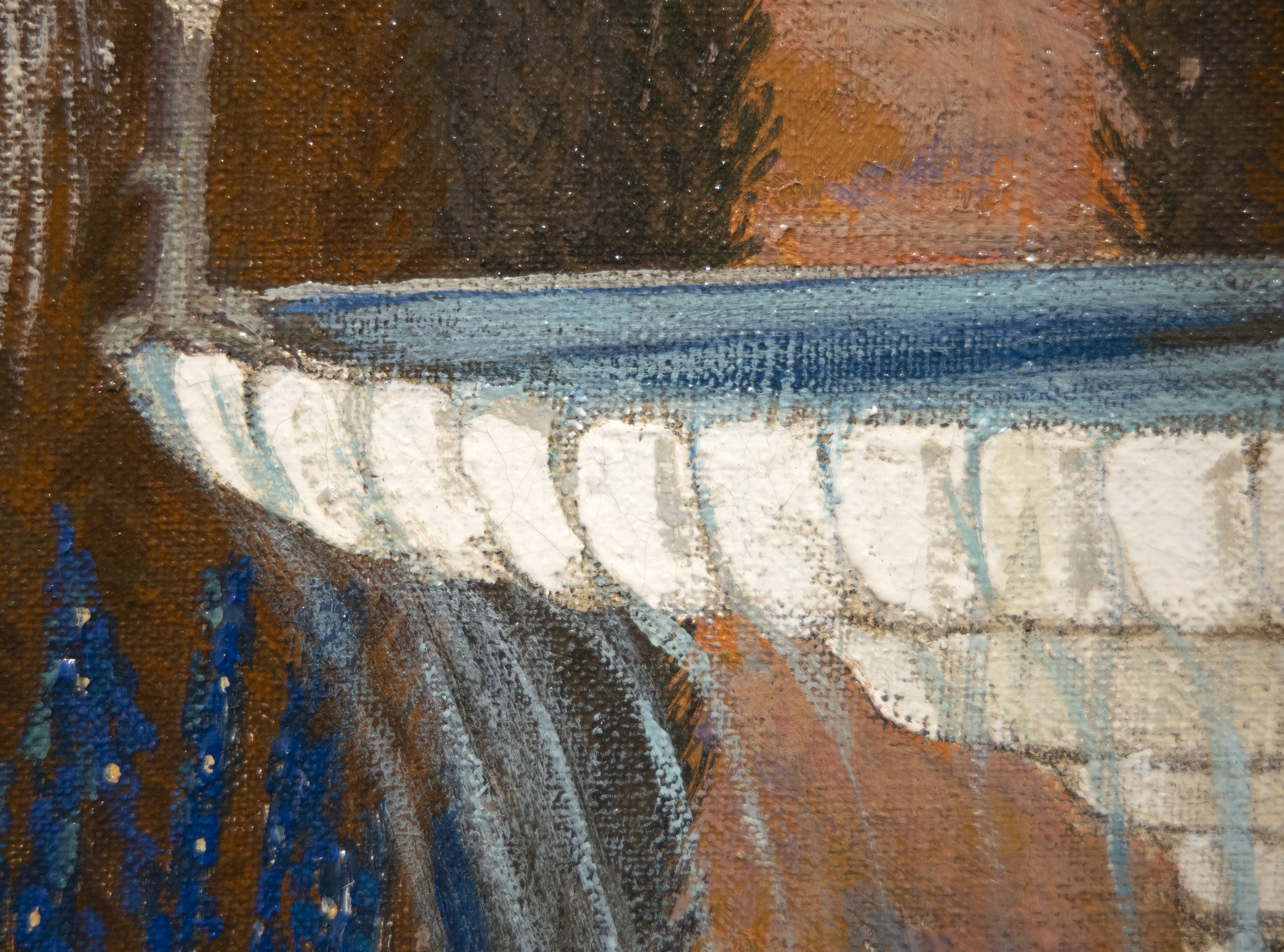 JESSIE ARMS BOTKE - The White Peacock The Arts and Crafts Movement in Great Britain and the corresponding ripples that made their way across the Atlantic Ocean were felt in the work of Jesse Arms Botke (1883-1971). Botke was born in Chicago, Illinois but found her home in California, where she had a successful career working first in Carmel and later in Southern California. <br><br>Rich textures, extensive use of gold leaf, and highly stylized birds would become synonymous with Botke's mature work as she established herself as one of the West Coast’s leading decorative mural painters of the 20th century.<br><br>"The White Peacock" (1922) shows an idyllic landscape with Botke's signature bird subject matter; the white peacock and cockatoos were among her favorite aviary subjects. Her work today can be found in countless museum collections, including the Art Institute, Chicago.
