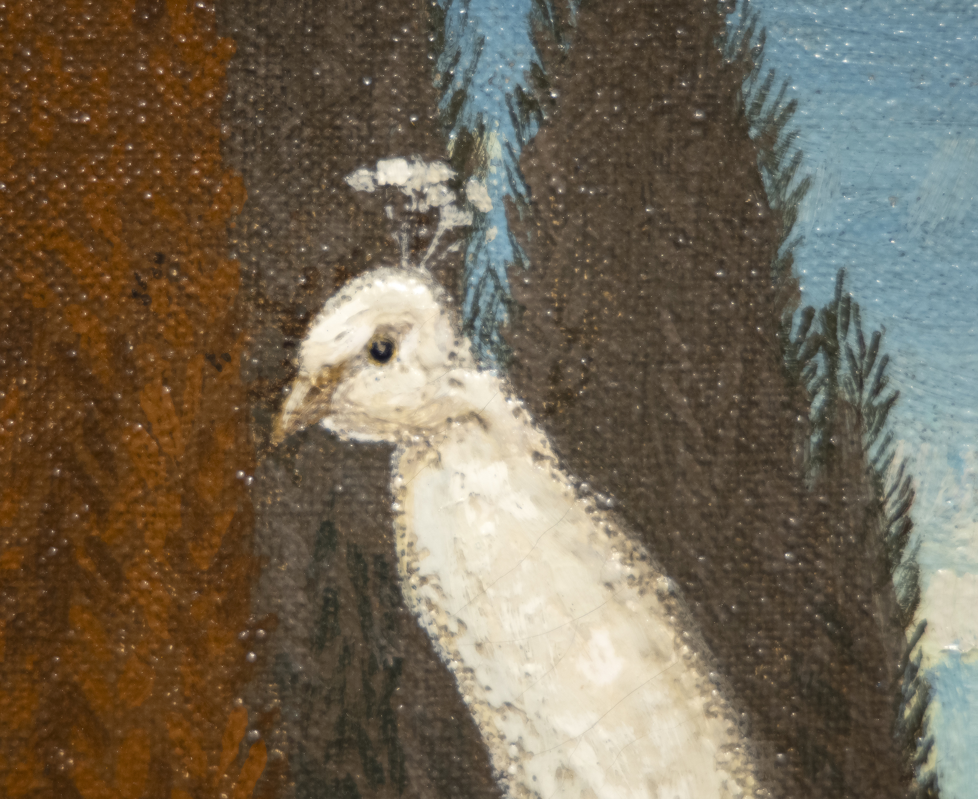 JESSIE ARMS BOTKE - The White Peacock The Arts and Crafts Movement in Great Britain and the corresponding ripples that made their way across the Atlantic Ocean were felt in the work of Jesse Arms Botke (1883-1971). Botke was born in Chicago, Illinois but found her home in California, where she had a successful career working first in Carmel and later in Southern California. <br><br>Rich textures, extensive use of gold leaf, and highly stylized birds would become synonymous with Botke's mature work as she established herself as one of the West Coast’s leading decorative mural painters of the 20th century.<br><br>"The White Peacock" (1922) shows an idyllic landscape with Botke's signature bird subject matter; the white peacock and cockatoos were among her favorite aviary subjects. Her work today can be found in countless museum collections, including the Art Institute, Chicago.