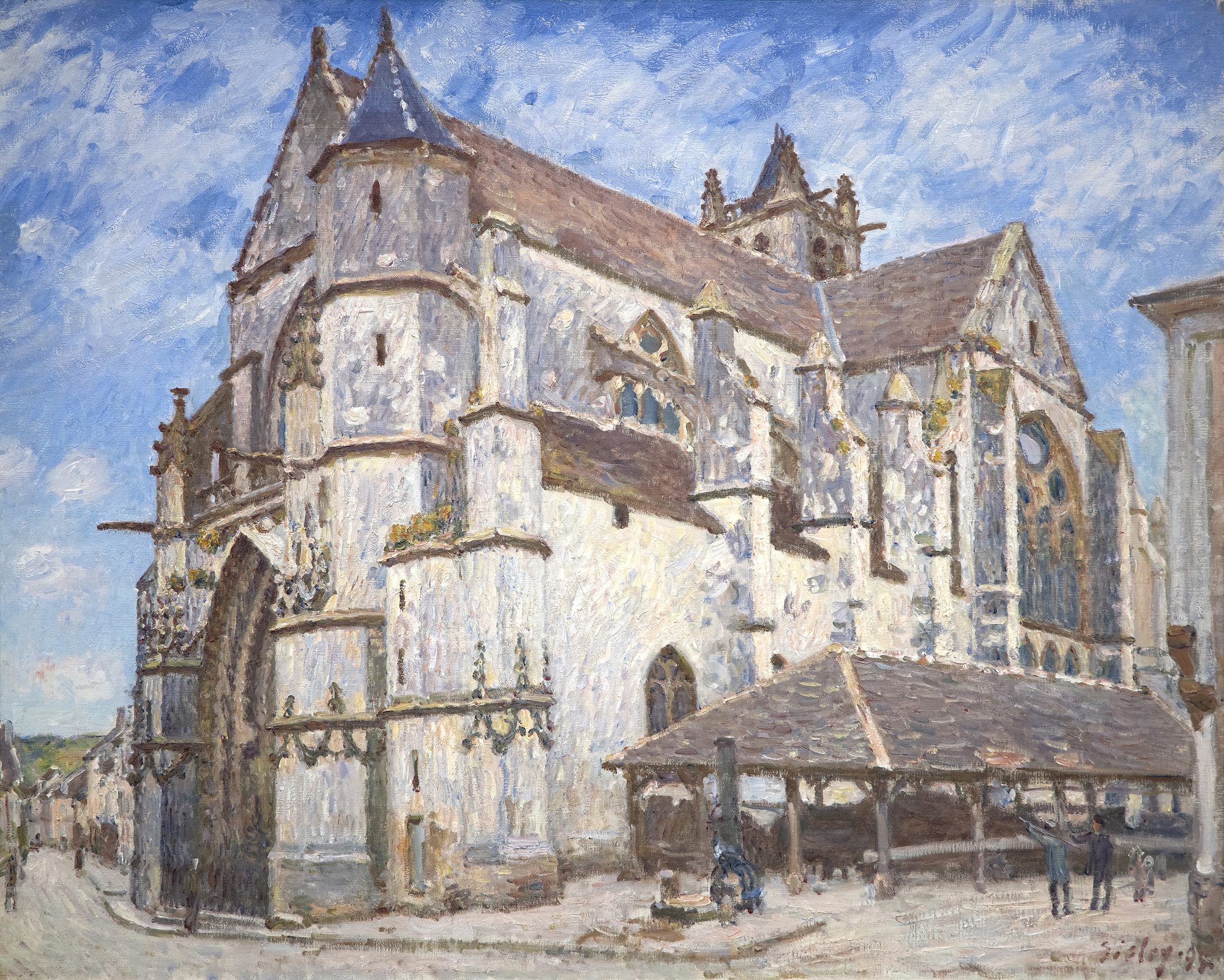ALFRED SISLEY - L'Église de Moret, le Soir Between Île-de-France and Burgundy and on the edge of the Fontainebleau Forest lies the medieval village of Moret-sur-Loing, established in the 12th century. When Alfred Sisley described its character to Monet in a letter dated 31 August 1881 as “a chocolate-box landscape…” he meant it as a memento of enticement; that its keep, the ramparts, the church, the fortified gates, and the ornate facades nestled along the river were, for a painter, a setting of unmatched charm. An ancient church, always the most striking townscape feature along the Seine Valley, would be a presence in Sisley’s townscape views as it was for Corot, and for Monet at Vétheuil. But unlike Monet whose thirty views of Rouen Cathedral were executed so he could trace the play of light and shadow across the cathedral façade and capture the ephemeral nature of moment-to-moment changes of light and atmosphere, Sisley set out to affirm the permanent nature of the church of Notre-Dame at Moret-sur-Loing. Monet’s sole concern was air and light, and Sisley’s appears to be an homage keepsake. The painting exudes respect for the original architects and builders of a structure so impregnable and resolute, it stood then as it did in those medieval times, and which for us, stands today, as it will, for time immemorial.<br><br>Nevertheless, Sisley strived to show the changing appearance of the motif through a series of atmospheric changes. He gave the works titles such as “In Sunshine”, “Under Frost”, and “In Rain” and exhibited them as a group at the Salon du Champ-de-Mars in 1894, factors that suggest he thought of them as serial interpretations. Nevertheless, unlike Monet’s work, l’église de Moret, le Soir reveals that Sisley chose to display the motif within a spatial context that accentuates its compositional attributes — the plunging perspective of the narrow street at left, the strong diagonal recession of the building lines as a counterbalance to the right, and the imposing weight of the stony building above the line of sight.