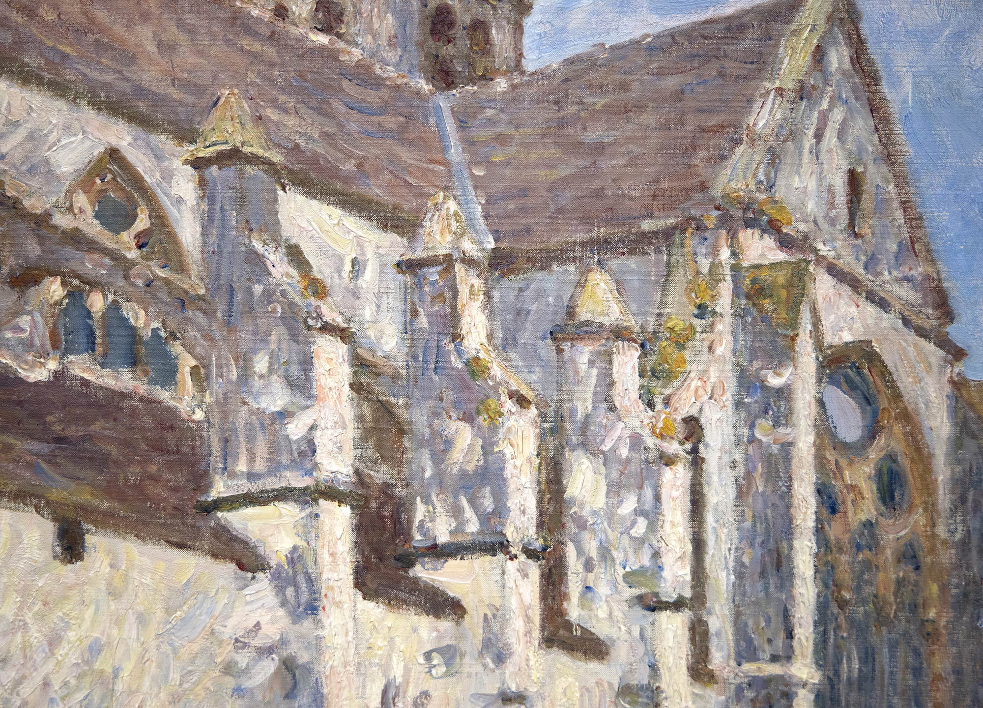 ALFRED SISLEY - L'Église de Moret, le Soir Between Île-de-France and Burgundy and on the edge of the Fontainebleau Forest lies the medieval village of Moret-sur-Loing, established in the 12th century. When Alfred Sisley described its character to Monet in a letter dated 31 August 1881 as “a chocolate-box landscape…” he meant it as a memento of enticement; that its keep, the ramparts, the church, the fortified gates, and the ornate facades nestled along the river were, for a painter, a setting of unmatched charm. An ancient church, always the most striking townscape feature along the Seine Valley, would be a presence in Sisley’s townscape views as it was for Corot, and for Monet at Vétheuil. But unlike Monet whose thirty views of Rouen Cathedral were executed so he could trace the play of light and shadow across the cathedral façade and capture the ephemeral nature of moment-to-moment changes of light and atmosphere, Sisley set out to affirm the permanent nature of the church of Notre-Dame at Moret-sur-Loing. Monet’s sole concern was air and light, and Sisley’s appears to be an homage keepsake. The painting exudes respect for the original architects and builders of a structure so impregnable and resolute, it stood then as it did in those medieval times, and which for us, stands today, as it will, for time immemorial.<br><br>Nevertheless, Sisley strived to show the changing appearance of the motif through a series of atmospheric changes. He gave the works titles such as “In Sunshine”, “Under Frost”, and “In Rain” and exhibited them as a group at the Salon du Champ-de-Mars in 1894, factors that suggest he thought of them as serial interpretations. Nevertheless, unlike Monet’s work, l’église de Moret, le Soir reveals that Sisley chose to display the motif within a spatial context that accentuates its compositional attributes — the plunging perspective of the narrow street at left, the strong diagonal recession of the building lines as a counterbalance to the right, and the imposing weight of the stony building above the line of sight.