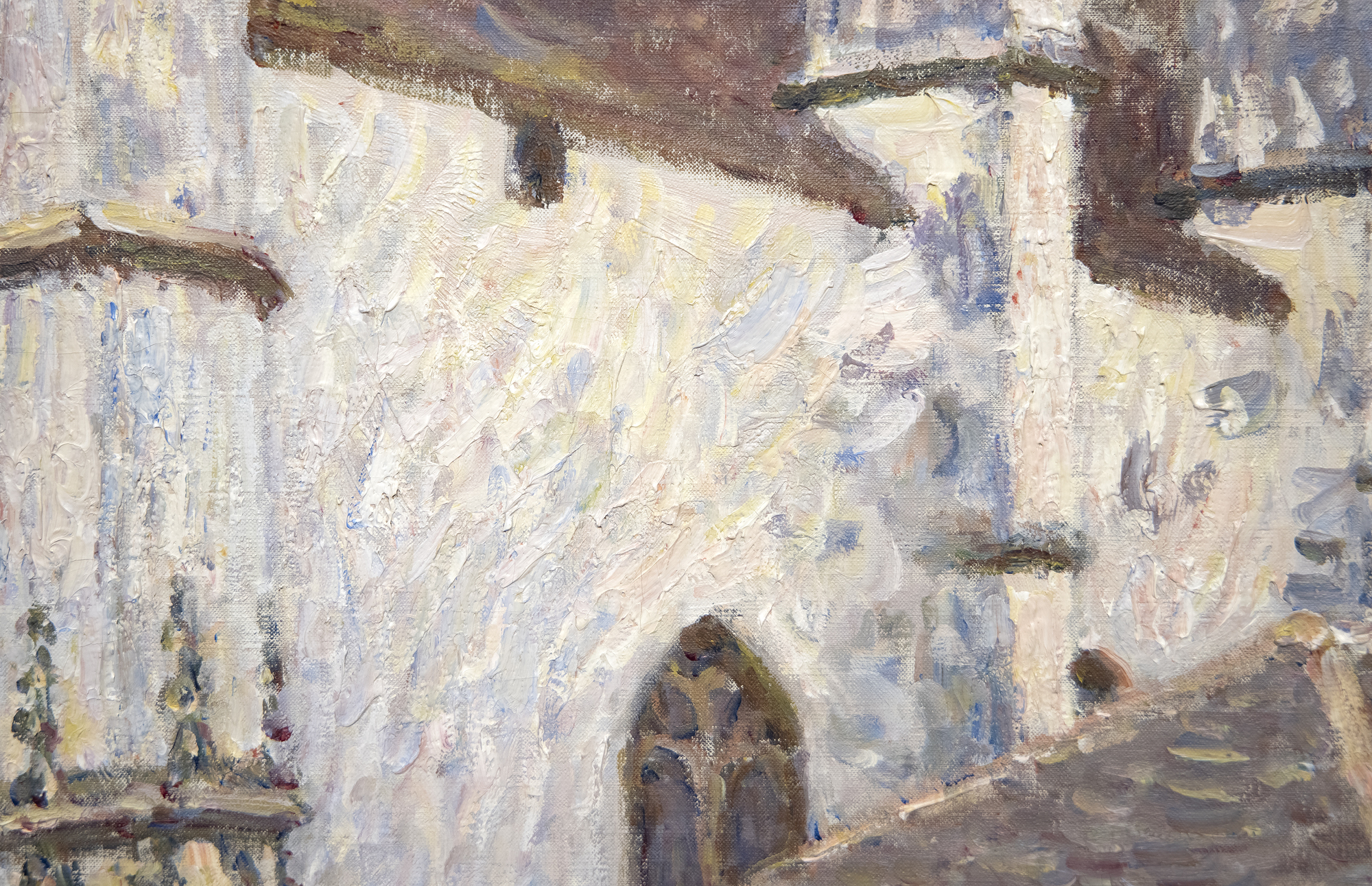 ALFRED SISLEY - L'Église de Moret, le Soir Between Île-de-France and Burgundy and on the edge of the Fontainebleau Forest lies the medieval village of Moret-sur-Loing, established in the 12th century. When Alfred Sisley described its character to Monet in a letter dated 31 August 1881 as “a chocolate-box landscape…” he meant it as a memento of enticement; that its keep, the ramparts, the church, the fortified gates, and the ornate facades nestled along the river were, for a painter, a setting of unmatched charm. An ancient church, always the most striking townscape feature along the Seine Valley, would be a presence in Sisley’s townscape views as it was for Corot, and for Monet at Vétheuil. But unlike Monet whose thirty views of Rouen Cathedral were executed so he could trace the play of light and shadow across the cathedral façade and capture the ephemeral nature of moment-to-moment changes of light and atmosphere, Sisley set out to affirm the permanent nature of the church of Notre-Dame at Moret-sur-Loing. Monet’s sole concern was air and light, and Sisley’s appears to be an homage keepsake. The painting exudes respect for the original architects and builders of a structure so impregnable and resolute, it stood then as it did in those medieval times, and which for us, stands today, as it will, for time immemorial.<br><br>Nevertheless, Sisley strived to show the changing appearance of the motif through a series of atmospheric changes. He gave the works titles such as “In Sunshine”, “Under Frost”, and “In Rain” and exhibited them as a group at the Salon du Champ-de-Mars in 1894, factors that suggest he thought of them as serial interpretations. Nevertheless, unlike Monet’s work, l’église de Moret, le Soir reveals that Sisley chose to display the motif within a spatial context that accentuates its compositional attributes — the plunging perspective of the narrow street at left, the strong diagonal recession of the building lines as a counterbalance to the right, and the imposing weight of the stony building above the line of sight.