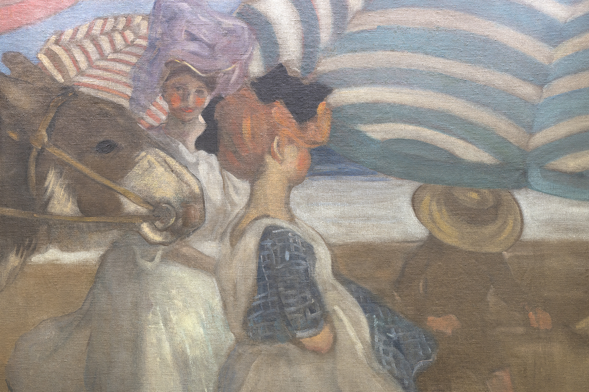 Frederick Frieseke is often regarded as the finest American Impressionist painter of the figure. Yet when he came to study at Académie Juilian in 1898, several les Nabis painters remained a lingering presence, and it was the rich, decorative patterns of Edouard Vuillard and Pierre Bonnard that served as the blueprint for his early success. That influence is clearly demonstrated in the unrestrained repetition of the voluminous, pleated, striped umbrellas of Afternoon at the Beach, a canvas mural installed in the opulent Hotel Shelburne dining room overlooking the Atlantic City Boardwalk. The unifying impact of that repetitive element imbues the setting with cloud-like loft within a color scheme, evoking Vuillard and the richness of a Gobelin tapestry, rather than the effect of sunlight and broken color that mark his more familiar paintings from the decade of 1910 to 1920.<br><br>Afternoon at the Beach was installed under the artist’s direction in February 1906. It remained on view for decades at the swanky hotel that enticed “Diamond Jim” James Buchanan Brady to pay one thousand dollars a week for permanent residence and was an unfading memory for throngs of well-heeled socialites, financiers, and notables from Irving Berlin to John Philip Sousa and Ethel Barrymore to Al Jolson. Undoubtedly, its presence high on the grand dining room wall contributed to the artist’s popularity and renown.<br><br>Today, we may look upon this long, frieze-like composition as a delightful fin-de-siécle costume study or an informative expose of Victorian mores as suggested by the separate spheres of gender groupings. But mostly, Afternoon at the Beachrecounts the artist’s unbridled delight and appreciation of women, here, expressed within familial, maternal, and social contexts. It is the subject and theme that brought Frieseke acclaim and awards on both sides of the Atlantic and which, to this day, endears him to the many who count him among the most beloved of American figurative painters.