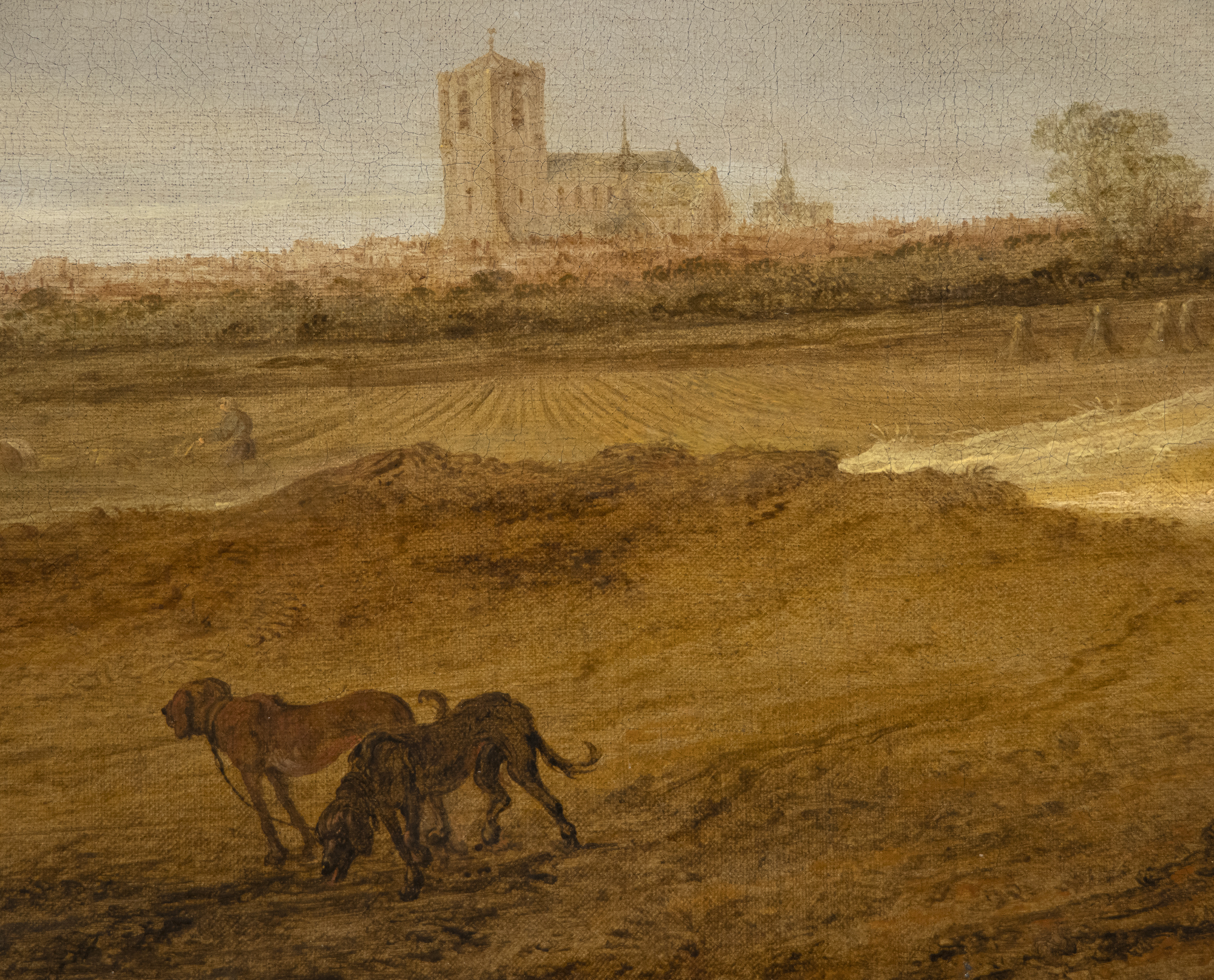 SALOMON VAN RUYSDAEL - Un paisaje de dunas con figuras descansando y una pareja a caballo, una vista de la catedral de Nimega más allá - óleo sobre lienzo - 26 1/2 x 41 1/2 pulg.