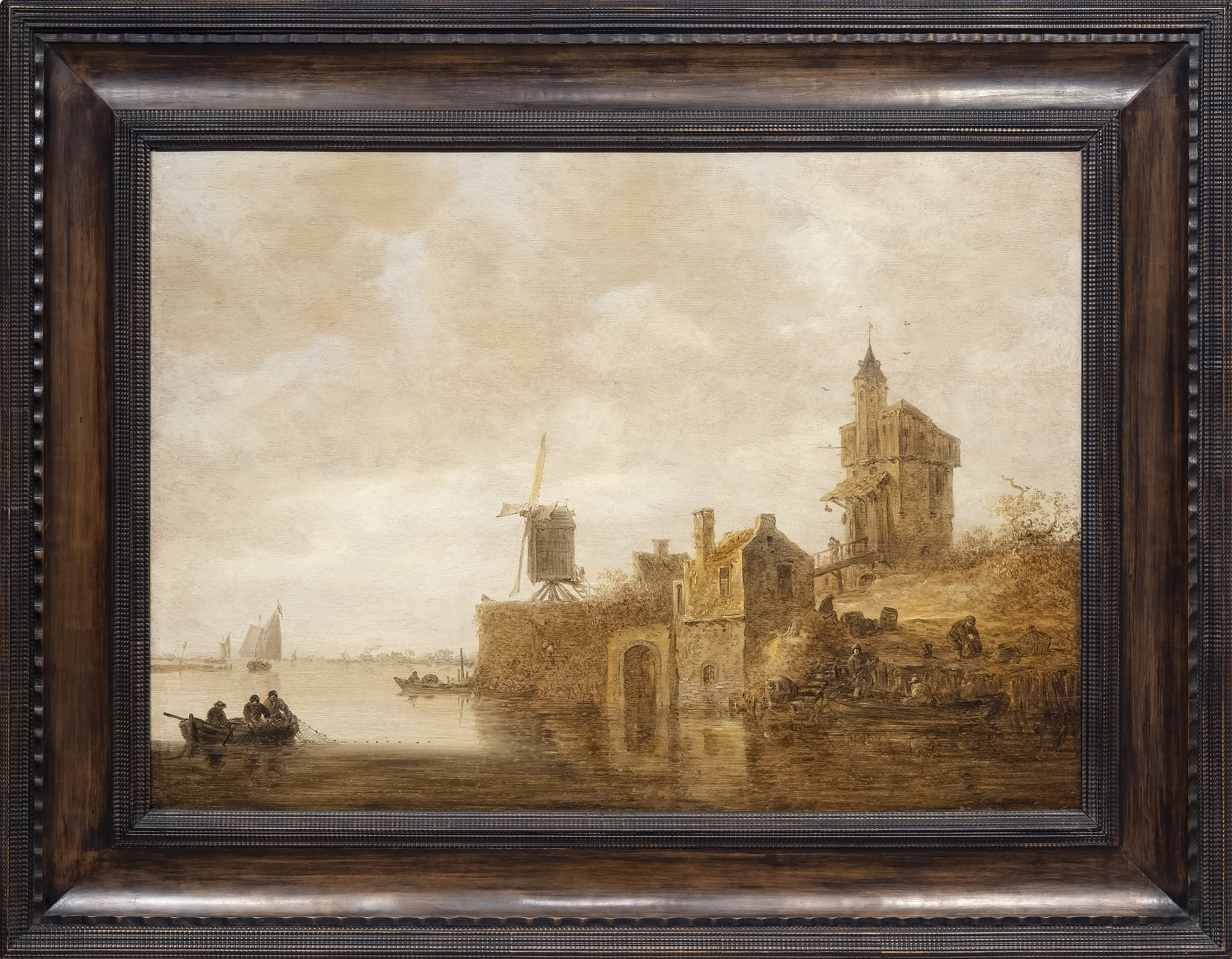 JAN JOSEPHSZOON VAN GOYEN - 有风车和小教堂的河流景观 - 油画板上 - 22 1/2 x 31 3/4英寸。