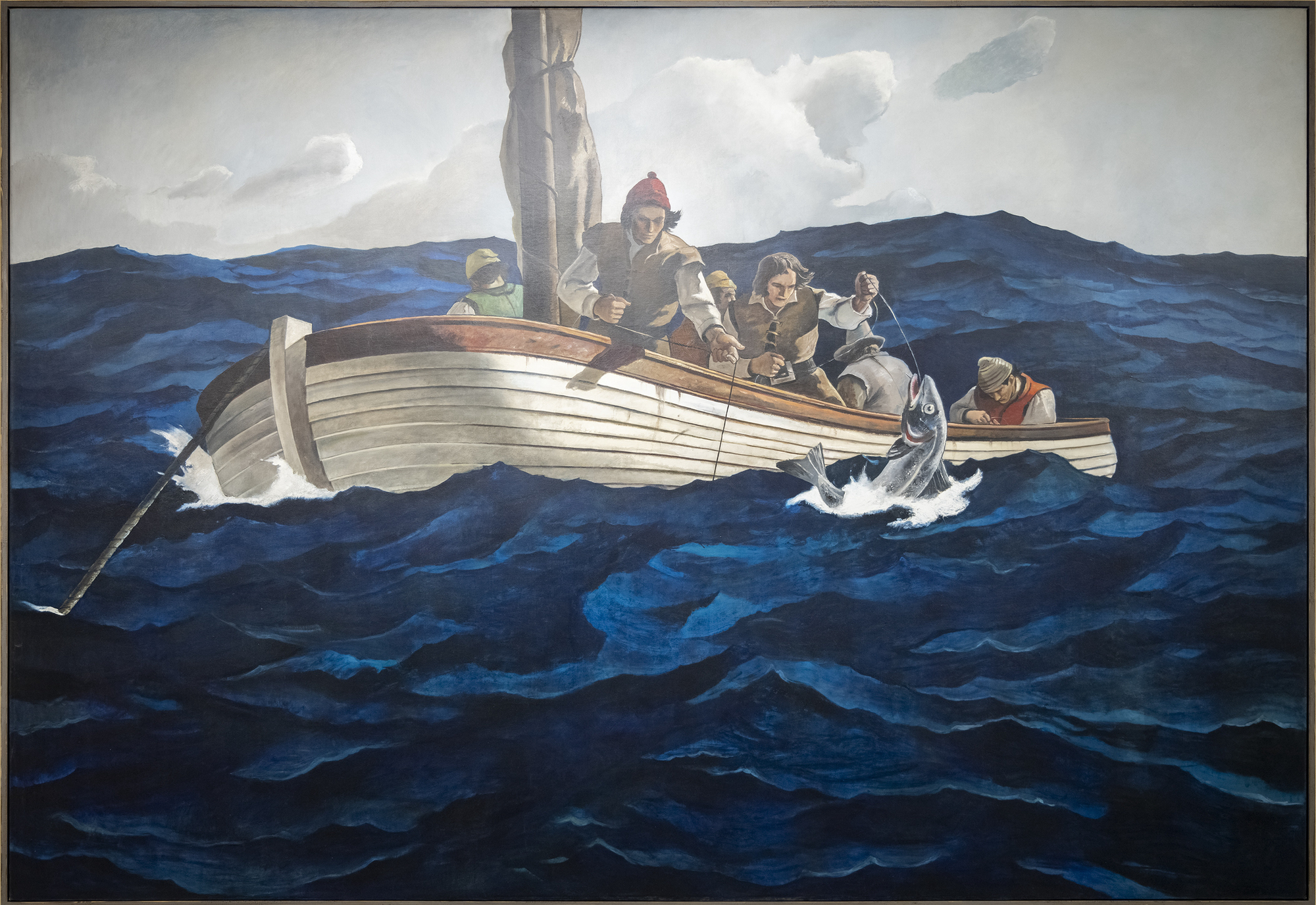 根据布兰迪温河艺术博物馆编制的目录，《清教徒鳕鱼》的初稿是 N. C. 怀斯在 1945 年 10 月去世前完成的。该条目记录了草图的图像、艺术家的题词及其标题《Puritan Cod Fishers》，目录将其描述为 "备用"。无论是哪种情况，这幅大型画布都是一件独一无二的作品，安德鲁-怀斯后来回忆说，这幅画完全是由他亲手绘制的，是父亲的设计和构图与出色的儿子的执行合作的成果。对安德鲁来说，这一定是一次感触颇深的情感体验。鉴于父亲对细节和真实性的关注，这艘小帆船的线条代表了十六世纪使用的藠头。另一方面，安德鲁很可能比他父亲更深地描绘了躁动不安的大海的色调，这一选择恰如其分地突出了任务的危险性。