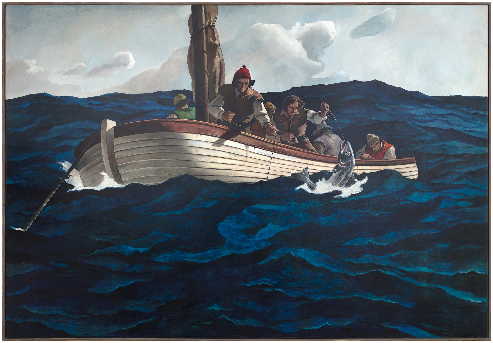 Andrew Wyeth & N. C. Wyeth - Puritan Cod Fishers According to the catalogue raisonné compiled by The Brandywine River Museum of Art, the preliminary drawing for Puritan Cod Fishers was completed by N. C Wyeth prior to his death in October 1945. The entry records an image of the sketch as well as the artist’s inscriptions and its title, Puritan Cod Fishers, characterized by the catalogue as ‘alternate’. In either case, the large-scale canvas is a unique work that Andrew Wyeth later recalled was painted solely by his hand, a demarcated collaboration of the father’s design and composition brought to fruition by a remarkable son’s execution. For Andrew, it must have been a deeply felt and emotional experience. Given his father’s attention to detail and authenticity, the lines of the small sailing craft represent a shallot, in use during the sixteenth century. On the other hand, Andrew likely deepened the hues of the restless sea more so than his father might have, a choice that appropriately heightens the perilous nature of the task.