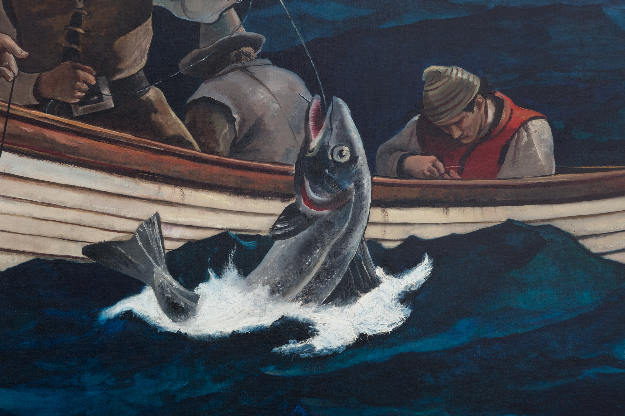 Andrew Wyeth & N. C. Wyeth - Puritan Cod Fishers According to the catalogue raisonné compiled by The Brandywine River Museum of Art, the preliminary drawing for Puritan Cod Fishers was completed by N. C Wyeth prior to his death in October 1945. The entry records an image of the sketch as well as the artist’s inscriptions and its title, Puritan Cod Fishers, characterized by the catalogue as ‘alternate’. In either case, the large-scale canvas is a unique work that Andrew Wyeth later recalled was painted solely by his hand, a demarcated collaboration of the father’s design and composition brought to fruition by a remarkable son’s execution. For Andrew, it must have been a deeply felt and emotional experience. Given his father’s attention to detail and authenticity, the lines of the small sailing craft represent a shallot, in use during the sixteenth century. On the other hand, Andrew likely deepened the hues of the restless sea more so than his father might have, a choice that appropriately heightens the perilous nature of the task.