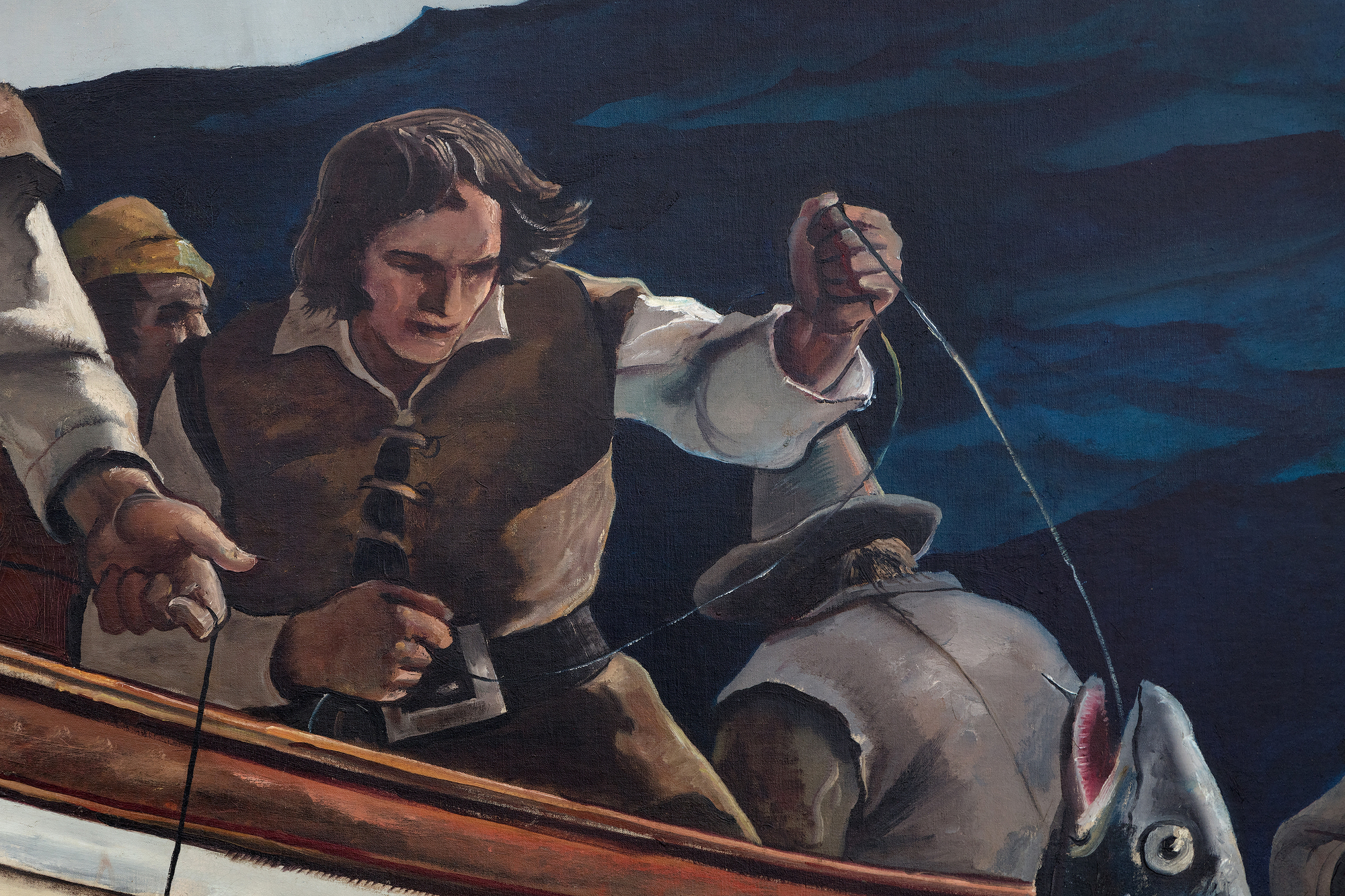 Andrew Wyeth & N. C. Wyeth - Puritan Cod Fishers According to the catalogue raisonné compiled by The Brandywine River Museum of Art, the preliminary drawing for Puritan Cod Fishers was completed by N. C Wyeth prior to his death in October 1945. The entry records an image of the sketch as well as the artist’s inscriptions and its title, Puritan Cod Fishers, characterized by the catalogue as ‘alternate’. In either case, the large-scale canvas is a unique work that Andrew Wyeth later recalled was painted solely by his hand, a demarcated collaboration of the father’s design and composition brought to fruition by a remarkable son’s execution. For Andrew, it must have been a deeply felt and emotional experience. Given his father’s attention to detail and authenticity, the lines of the small sailing craft represent a shallot, in use during the sixteenth century. On the other hand, Andrew likely deepened the hues of the restless sea more so than his father might have, a choice that appropriately heightens the perilous nature of the task.