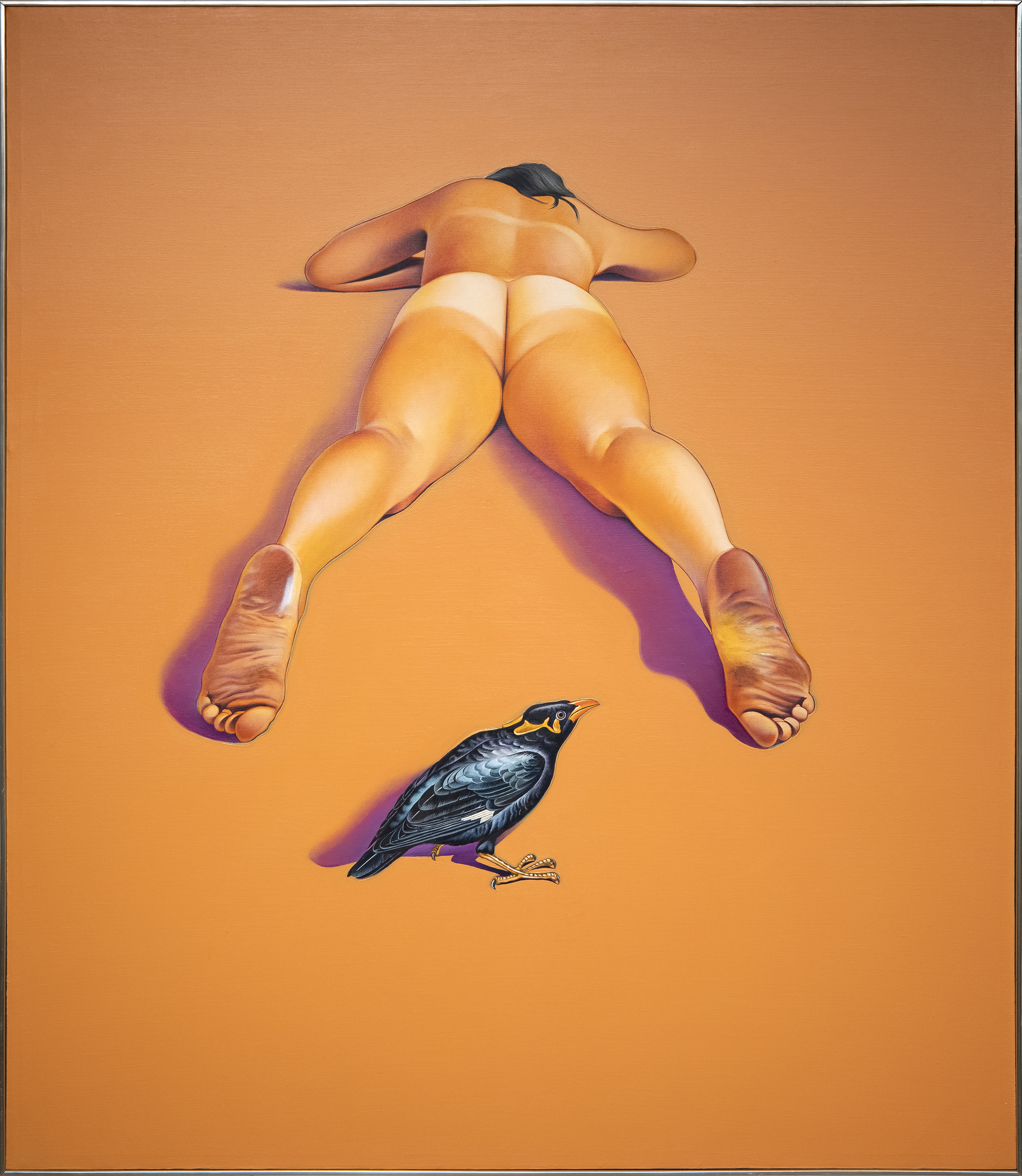 MEL RAMOS - Leta and the Hill Myna Mel Ramos is best known for his paintings of superheroes and female nudes juxtaposed with pop culture imagery. Many of the subjects in his paintings emerge from iconic brands or cultural touchstones like Chiquita bananas, M&M bags, or Snickers. In these works, visual delight is combined with suggested edible and commercial indulgence.
<br>
<br>Leta and the Hill Myna diverges from some of Ramos’ other nudes. Here Ramos depicts his wife, whom he spoke of as his greatest muse. Like his works depicting superheroes, Leta and the Hill Myna is imbued with mythos and lore. Myna birds are native to South Asia where some are taught to speak, often to recite religious. Furthermore, playing on his wife’s name and the avian theme, Ramos is referencing the famous tale of Leda and the Swan in which Zeus embodies a bird to rape Leda. The story has been reinterpreted throughout history, including by great artists such as Paul Cezanne, Cy Twombly and Fernando Botero. With this depiction, Ramos places himself in that same art historical lineage.