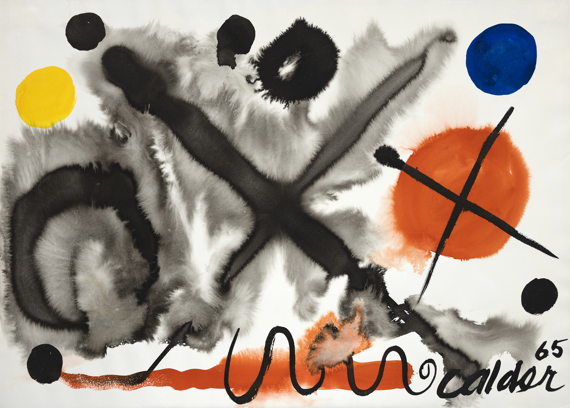 ALEXANDER CALDER - Two Crosses © 2023 Calder Foundation, New York / Artists Rights Society (ARS), New York<br>Two Crosses by Alexander Calder is a striking work on paper, blending transparent watercolor and gouache, showcasing his signature repertoire of shapes and symbols. At its heart lies a large, black 'X' on a fluid, grayish wash, and nearby, a smaller, opaque black cross overlapping a semi-opaque red ball, and to its left, a roundish transparent wash patch hosts a black crescent shape. Several spheres in black provide accompaniment, and the artist's favored primary colors, and at the lower margin, his charming undulating line. Calder's sparing use of watercolor allows the paper's white to showcase the forms and symbols, creating a dynamic, impactful artwork where simplicity and the interplay of transparent and opaque elements captivate the viewer.