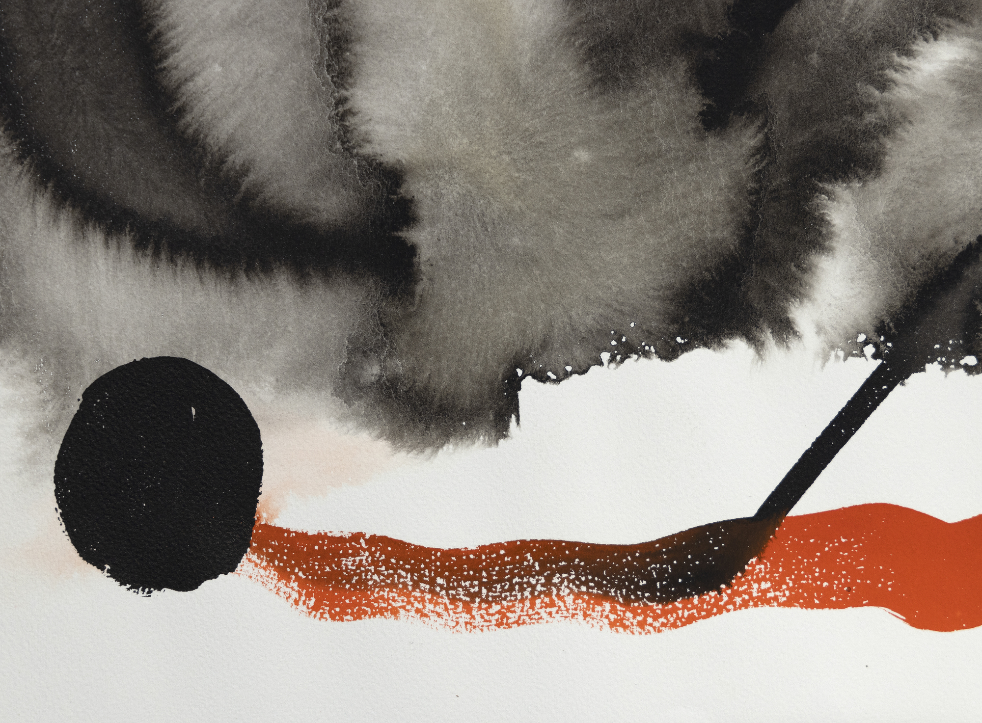 ALEXANDER CALDER - Two Crosses © 2023 Calder Foundation, New York / Artists Rights Society (ARS), New York<br>Two Crosses by Alexander Calder is a striking work on paper, blending transparent watercolor and gouache, showcasing his signature repertoire of shapes and symbols. At its heart lies a large, black 'X' on a fluid, grayish wash, and nearby, a smaller, opaque black cross overlapping a semi-opaque red ball, and to its left, a roundish transparent wash patch hosts a black crescent shape. Several spheres in black provide accompaniment, and the artist's favored primary colors, and at the lower margin, his charming undulating line. Calder's sparing use of watercolor allows the paper's white to showcase the forms and symbols, creating a dynamic, impactful artwork where simplicity and the interplay of transparent and opaque elements captivate the viewer.