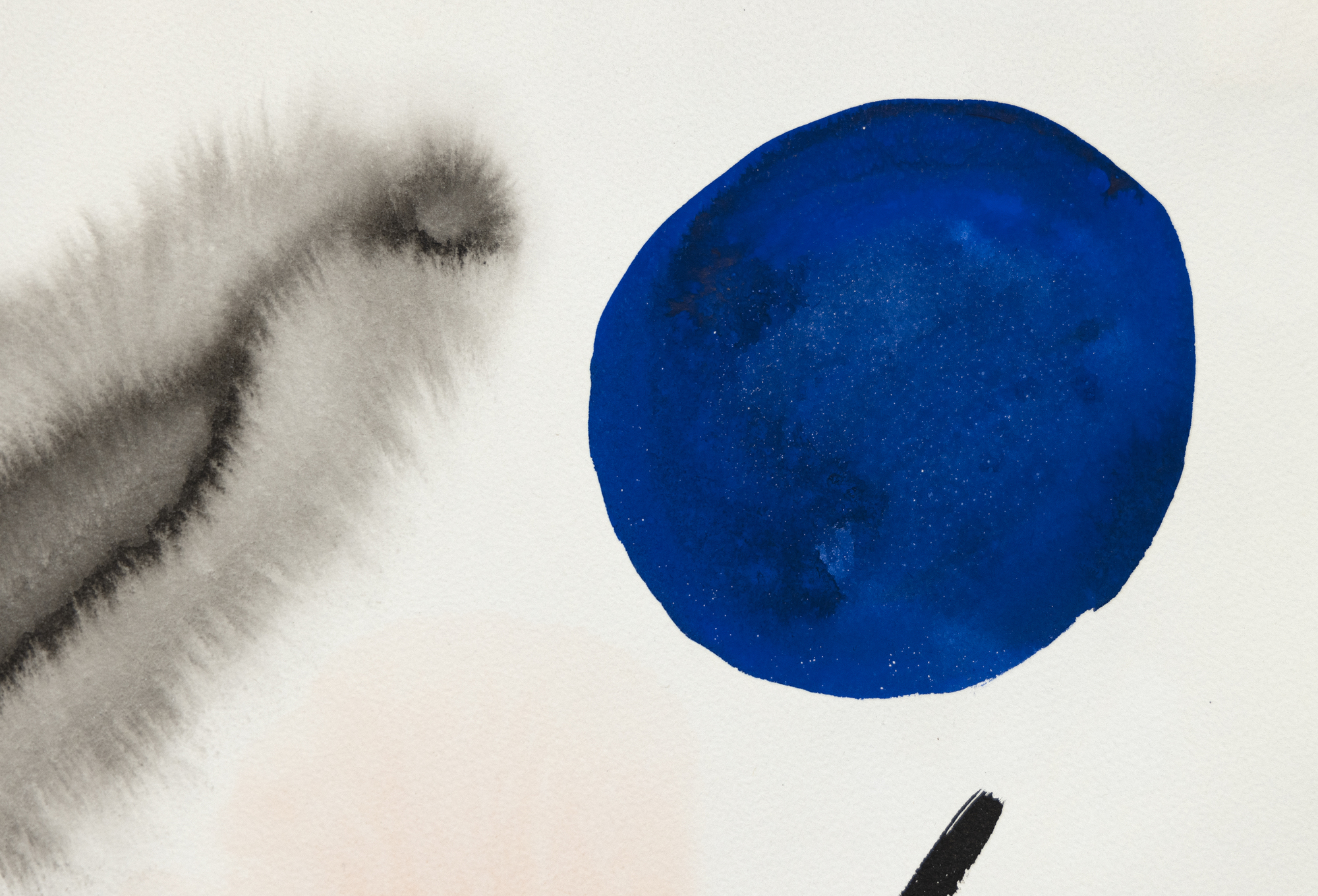 ALEXANDER CALDER - Two Crosses © 2023 Calder Foundation, New York / Artists Rights Society (ARS), New York<br>Two Crosses by Alexander Calder is a striking work on paper, blending transparent watercolor and gouache, showcasing his signature repertoire of shapes and symbols. At its heart lies a large, black 'X' on a fluid, grayish wash, and nearby, a smaller, opaque black cross overlapping a semi-opaque red ball, and to its left, a roundish transparent wash patch hosts a black crescent shape. Several spheres in black provide accompaniment, and the artist's favored primary colors, and at the lower margin, his charming undulating line. Calder's sparing use of watercolor allows the paper's white to showcase the forms and symbols, creating a dynamic, impactful artwork where simplicity and the interplay of transparent and opaque elements captivate the viewer.