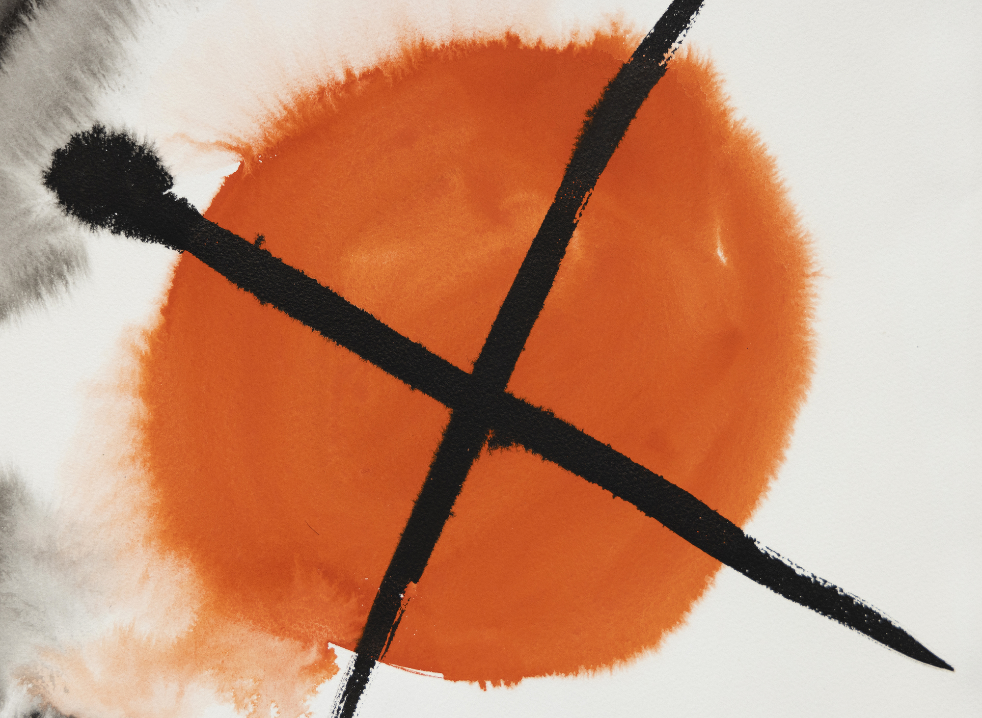 ALEXANDER CALDER - Two Crosses © 2023 Calder Foundation, New York / Artists Rights Society (ARS), New York<br>Two Crosses by Alexander Calder is a striking work on paper, blending transparent watercolor and gouache, showcasing his signature repertoire of shapes and symbols. At its heart lies a large, black 'X' on a fluid, grayish wash, and nearby, a smaller, opaque black cross overlapping a semi-opaque red ball, and to its left, a roundish transparent wash patch hosts a black crescent shape. Several spheres in black provide accompaniment, and the artist's favored primary colors, and at the lower margin, his charming undulating line. Calder's sparing use of watercolor allows the paper's white to showcase the forms and symbols, creating a dynamic, impactful artwork where simplicity and the interplay of transparent and opaque elements captivate the viewer.