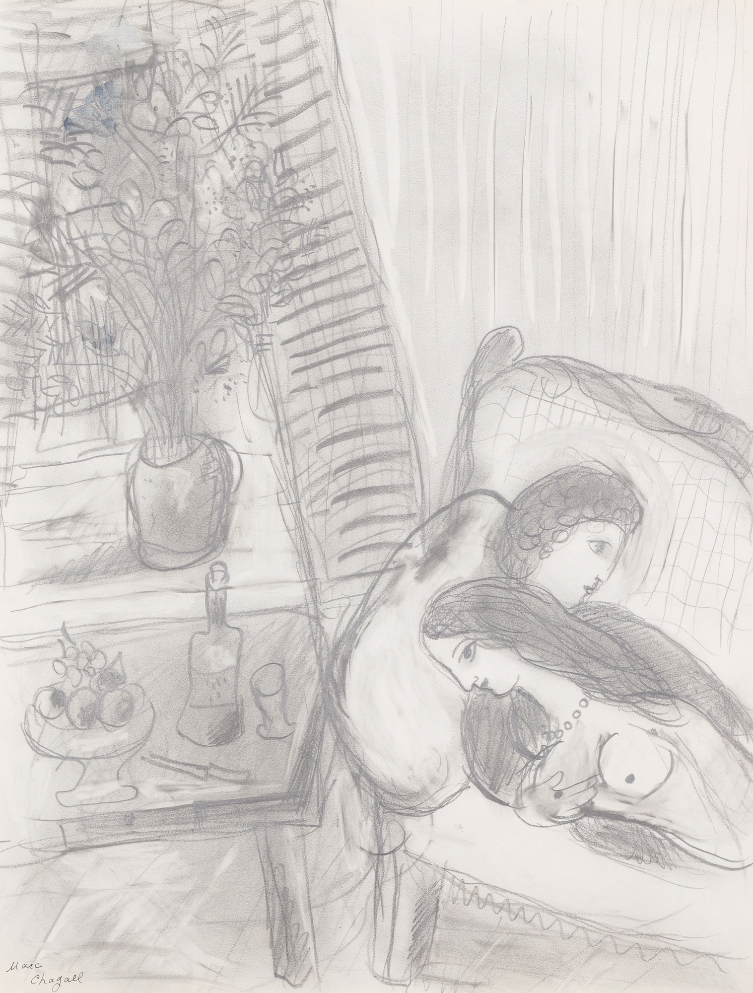 MARC CHAGALL - Les Amoureux sur le divan - watercolor and pencil on paper - 25 1/2 x 19 1/2 in.
