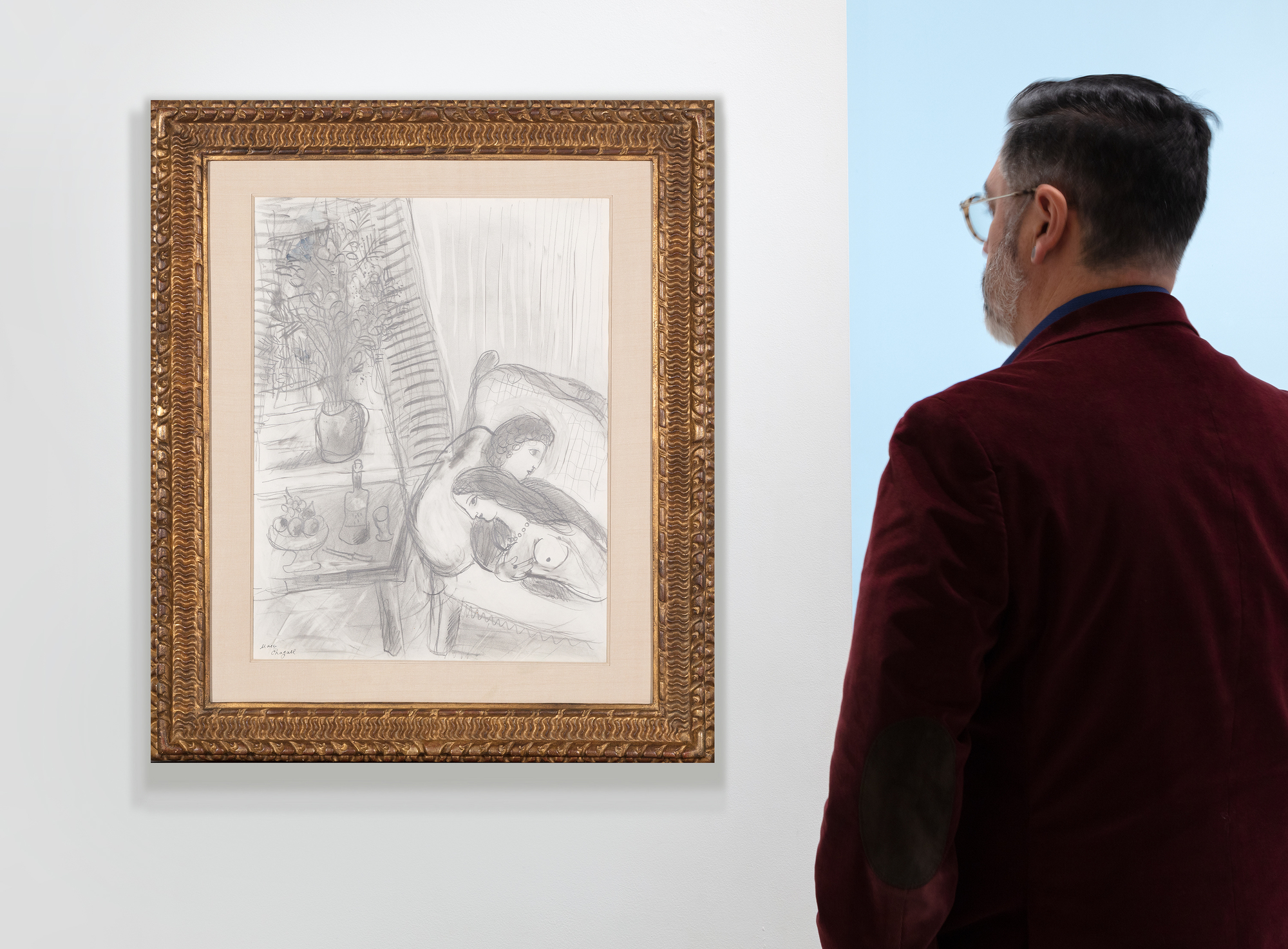 MARC CHAGALL - Les Amoureux sur le divan - 紙に水彩と鉛筆 - 25 1/2 x 19 1/2 in.