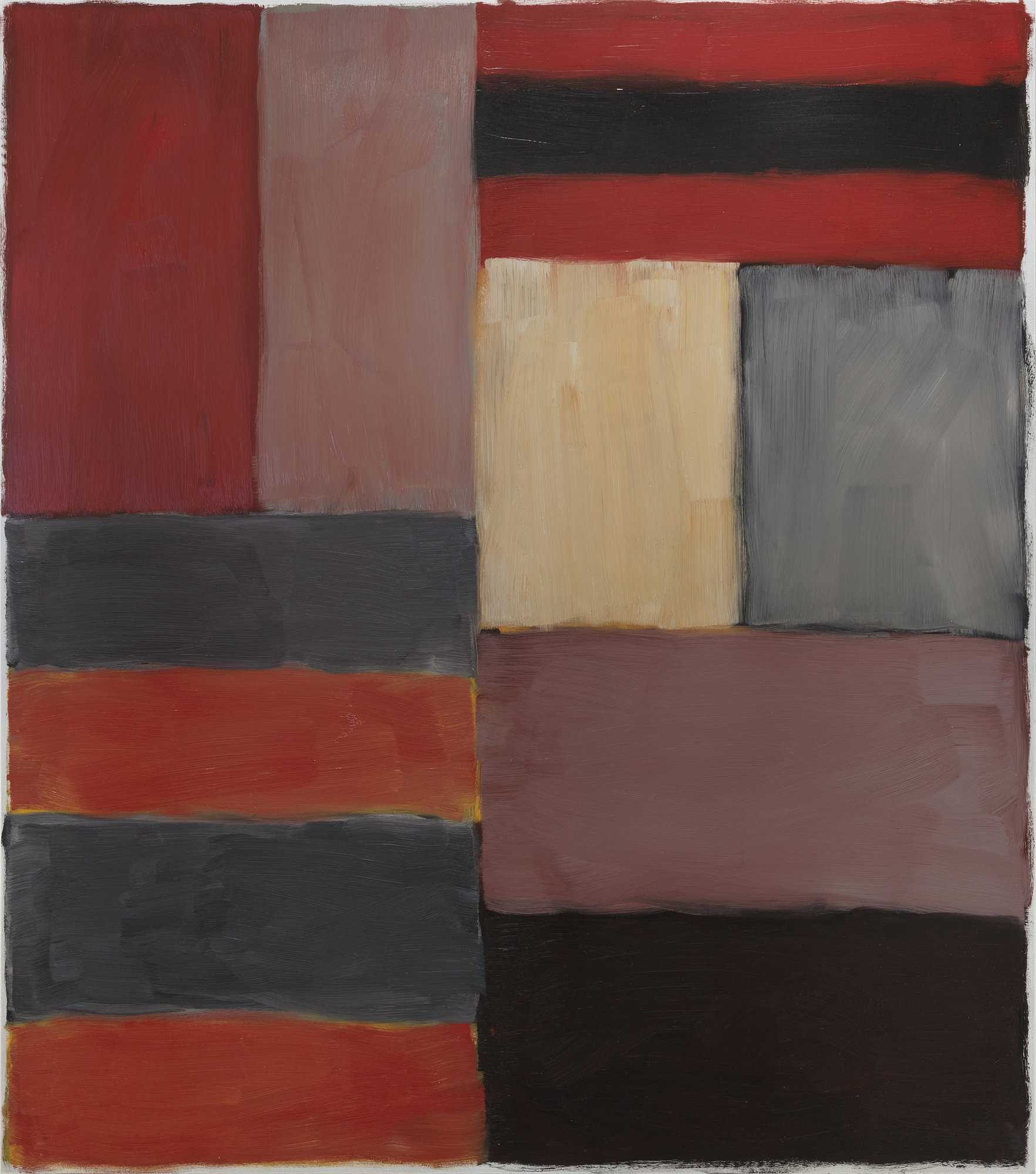 SEAN SCULLY - Grey Red The frame of reference for Irish American Sean Scully’s signature blocks and stripes is vast. From Malevich’s central premise that geometry can provide the means for universal understanding to Rothko’s impassioned approach to color and rendering of the dramatic sublime, Scully learned how to condense the splendor of the natural world into simple modes of color, light, and composition. Born in Dublin in 1945 and London-raised, Scully was well-schooled in figurative drawing when he decided to catch the spirit of his lodestar, Henri Matisse, by visiting Morocco in 1969. He was captivated by the dazzling tessellated mosaics and richly dyed fabrics and began to paint grids and stipes of color. Subsequent adventures provided further inspiration as the play of intense light on the reflective surfaces of Mayan ruins and the ancient slabs of stone at Stonehenge brought the sensation of light, space, and geometric movement to Scully’s paintings. The ability to trace the impact of Scully’s travels throughout his paintings reaffirms the value of abstract art as a touchstone for real-life experience.
<br>
<br>
<br>Painted in rich, deep hues and layered, nuanced surfaces, Grey Red is both poetic and full of muscular formalism. Scully appropriately refers to these elemental forms as ‘bricks,’ suggesting the formal calculations of an architect. As he explained, “these relationships that I see in the street doorways, in windows between buildings, and in the traces of structures that were once full of life, I take for my work. I use these colors and forms and put them together in a way that perhaps reminds you of something, though you’re not sure of that” (David Carrier, Sean Scully, 2004, pg. 98). His approach is organic, less formulaic; intuitive painter’s choices are layering one color upon another so that contrasting hues and colors vibrate with subliminal energy. Diebenkorn comes to mind in his pursuit of radiant light. But here, the radiant bands of terracotta red, gray, taupe, and black of Grey Red resonate with deep, smoldering energy and evoke far more affecting passion than you would think it could impart. As his good friend, Bono wrote, “Sean approaches the canvas like a kickboxer, a plasterer, a builder. The quality of painting screams of a life being lived.”