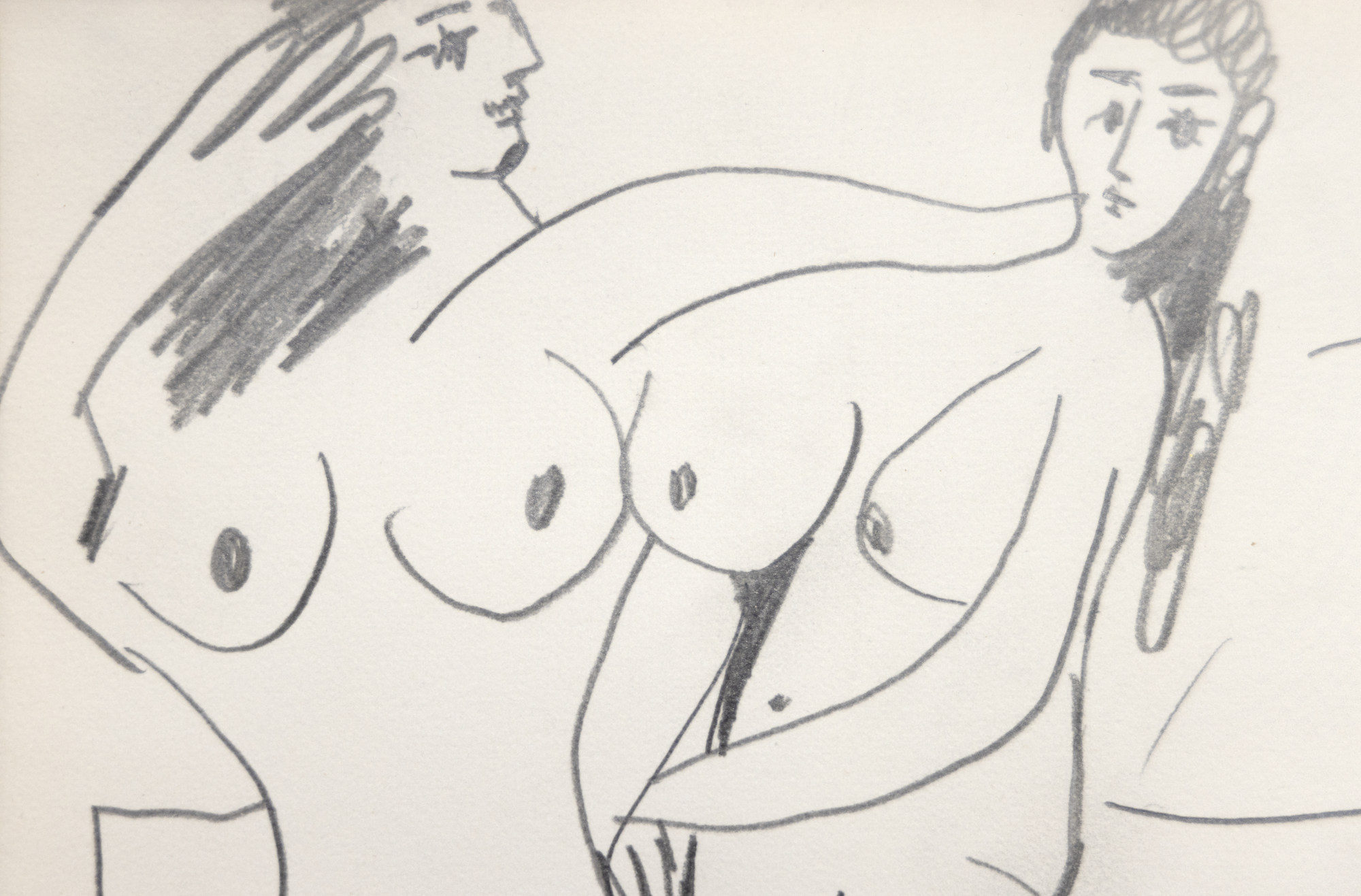 The figures of Nues are freely developed around a central odalisque figure in a manner that suggests a theme that occupied Picasso as early as 1906   that of female indulgences within a harem setting.  In describing his late drawings, Picasso noted that, “one never knows what’s going to come out, but as soon as the drawing gets underway, a story or an idea is born… I spend hour after hour while I draw, observing my creatures and thinking about the mad things they’re up to… It’s great fun, believe me.” Nues is evocative of that appraisal, a freewheeling frolic as only Picasso can achieve. Among the many poses, the abbreviated figure swimming in the pool is particularly charming.
