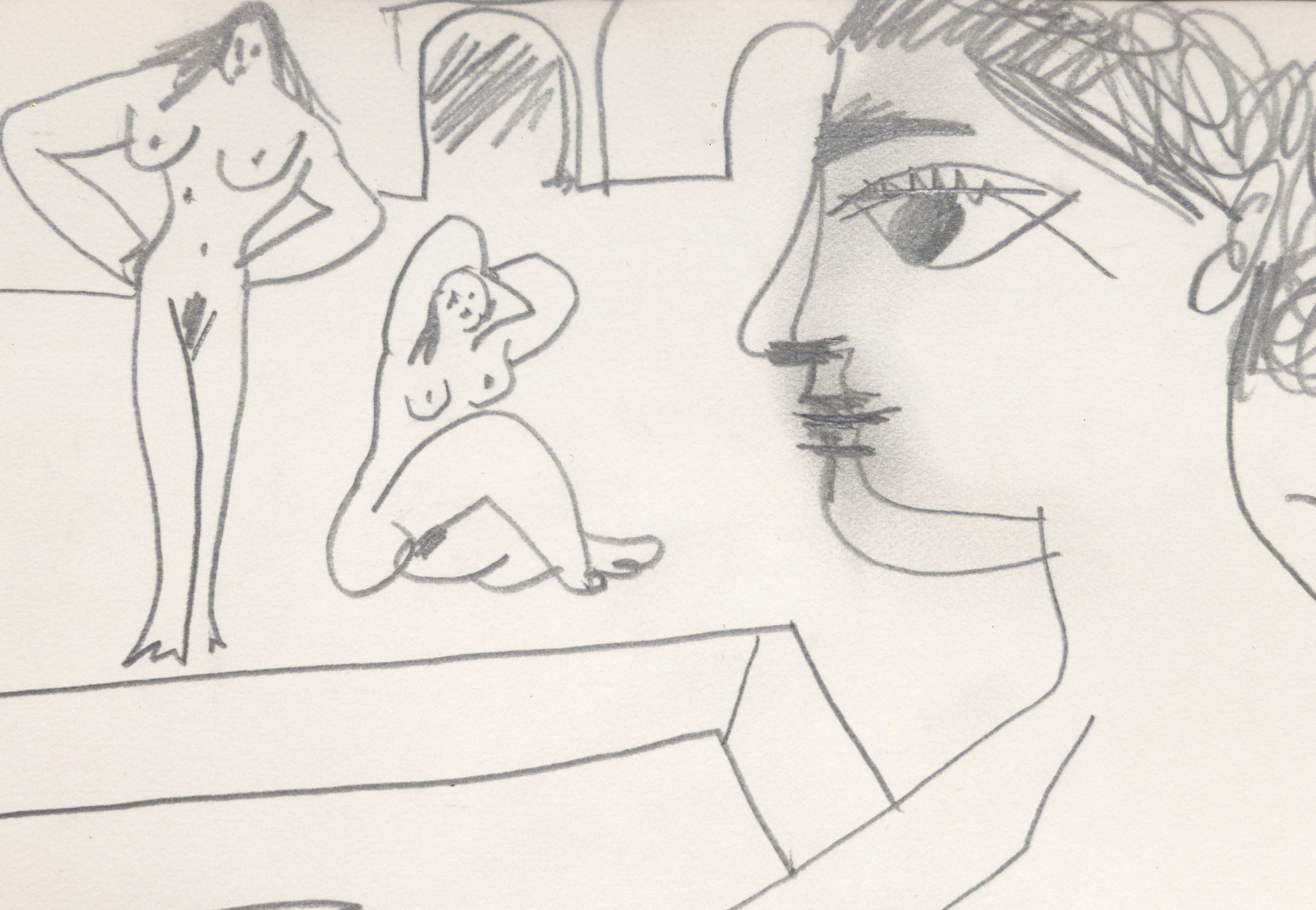PABLO PICASSO - Le Bain ヌース》の人物は、中央のオダリスクのような人物を中心に自由に展開され、1906年の時点でピカソが抱いていたテーマ、ハーレムの中での女性の耽溺を示唆している。 ピカソは晩年のデッサンについて、「何が出てくるかわからないが、描き始めるとすぐに物語やアイディアが生まれる...描きながら何時間もかけて、生き物を観察し、彼らが企んでいる狂ったことを考える...とても楽しいよ、信じてくれ」と述べている。ピカソにしかできない自由奔放な遊び。数あるポーズの中でも、プールで泳ぐ省略された姿は特に魅力的だ。