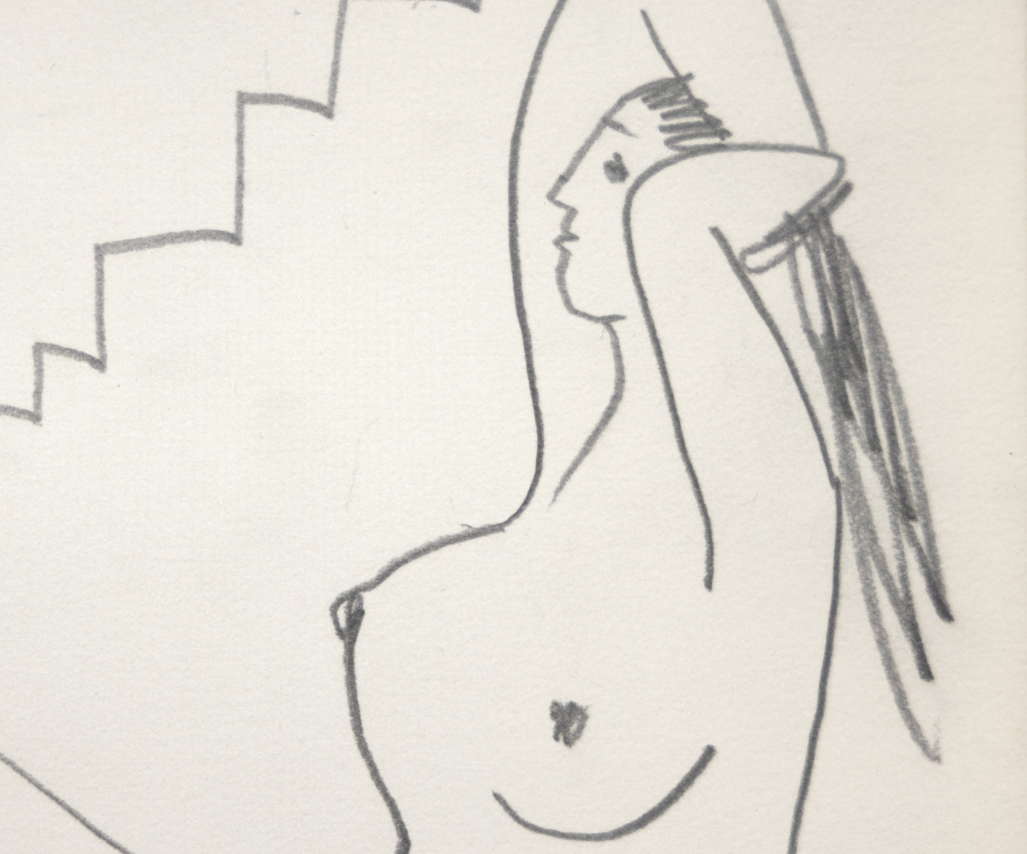 PABLO PICASSO - Le Bain ヌース》の人物は、中央のオダリスクのような人物を中心に自由に展開され、1906年の時点でピカソが抱いていたテーマ、ハーレムの中での女性の耽溺を示唆している。 ピカソは晩年のデッサンについて、「何が出てくるかわからないが、描き始めるとすぐに物語やアイディアが生まれる...描きながら何時間もかけて、生き物を観察し、彼らが企んでいる狂ったことを考える...とても楽しいよ、信じてくれ」と述べている。ピカソにしかできない自由奔放な遊び。数あるポーズの中でも、プールで泳ぐ省略された姿は特に魅力的だ。