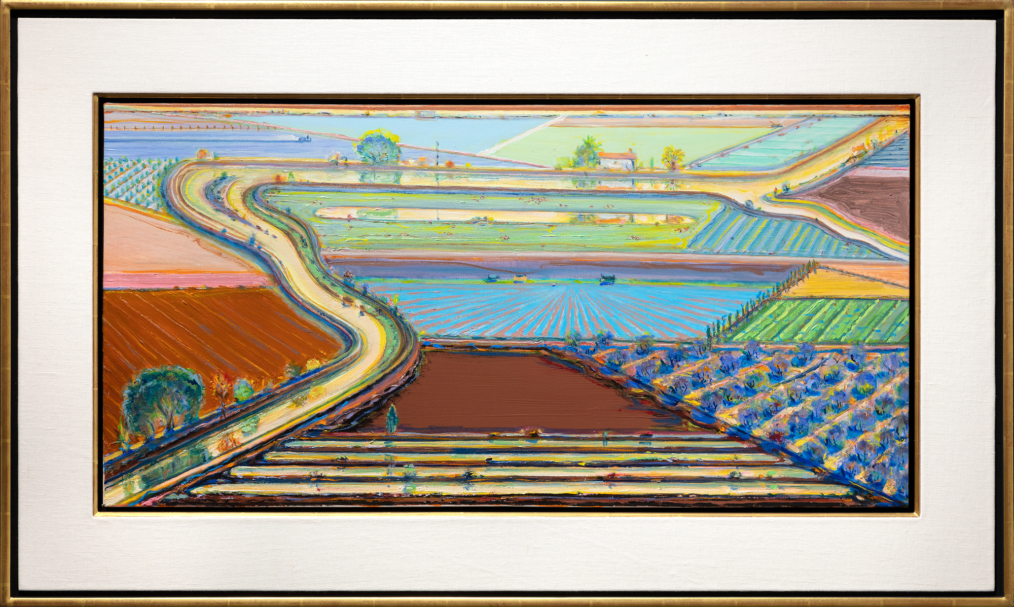 WAYNE THIEBAUD - The Riverhouse When forty rural Sacramento Delta landscapes by Wayne Thiebaud were unveiled at a San Francisco gallery opening in November 1997, attendees were amazed by paintings they never anticipated. This new frontier betrayed neither Thiebaud’s mastery of confectionary-shop colors nor his impeccable eye for formal relationships. Rather, his admirers were shocked to learn that all but seven of these forty interpretations had been completed in just two years. As his son Paul recalled, “the refinements of my father’s artistic process were ever changing in a chameleon-like frenzy.” The new direction had proved an exhilarating experience, each painting an affirmation of Wayne Thiebaud’s impassioned response to the fields and levees of the local environment he dearly loved.
<br>
<br>Viewed from the perspective of a bird or a plane, The Riverhouse is an agrarian tapestry conceived with a kaleidoscopic range of shapes and simple forms; fields striped with furrows or striated fans, deliriously colored parallelograms and trapezoids, an orchard garnished pizza-shaped wedge, and a boldly limned river, the lifeline of a thirsty California central valley largely dependent upon transported water.
<br>
<br>The Riverhouse is a painting that ‘moves’ between seamlessly shifting planes of aerial mapping that recalls Richard Diebenkorn’s stroke of insight when he took his first commercial flight the spring of 1951, and those partitions engaging a more standard vanishing point perspective. Thiebaud explained his process as “orchestrating with as much variety and tempo as I can.” Brightly lit with a fauve-like intensity, The Riverhouse is a heady concoction of vibrant pigment and rich impasto; one that recalls his indebtedness to Pierre Bonnard whose color Thiebaud referred to as “a bucket full of hot coals and ice cubes.” Among his many other influences, the insertion of objects — often tiny — that defy a rational sense of scale that reflects his interest in Chinese landscape painting.
<br>
<br>As always, his mastery as a painter recalls his titular pies and cakes with their bewitching rainbow-like halos and side-by-side colors of equal intensity but differing in hues to create the vibratory effect of an aura, what Thiebaud explained “denotes an attempt to develop as much energy and light and visual power as you can.” Thiebaud’s Sacramento Delta landscapes are an integral and important part of his oeuvre. Paintings such as The Riverhouse rival the best abstract art of the twentieth century. His good friend, Willem de Kooning thought so, too.