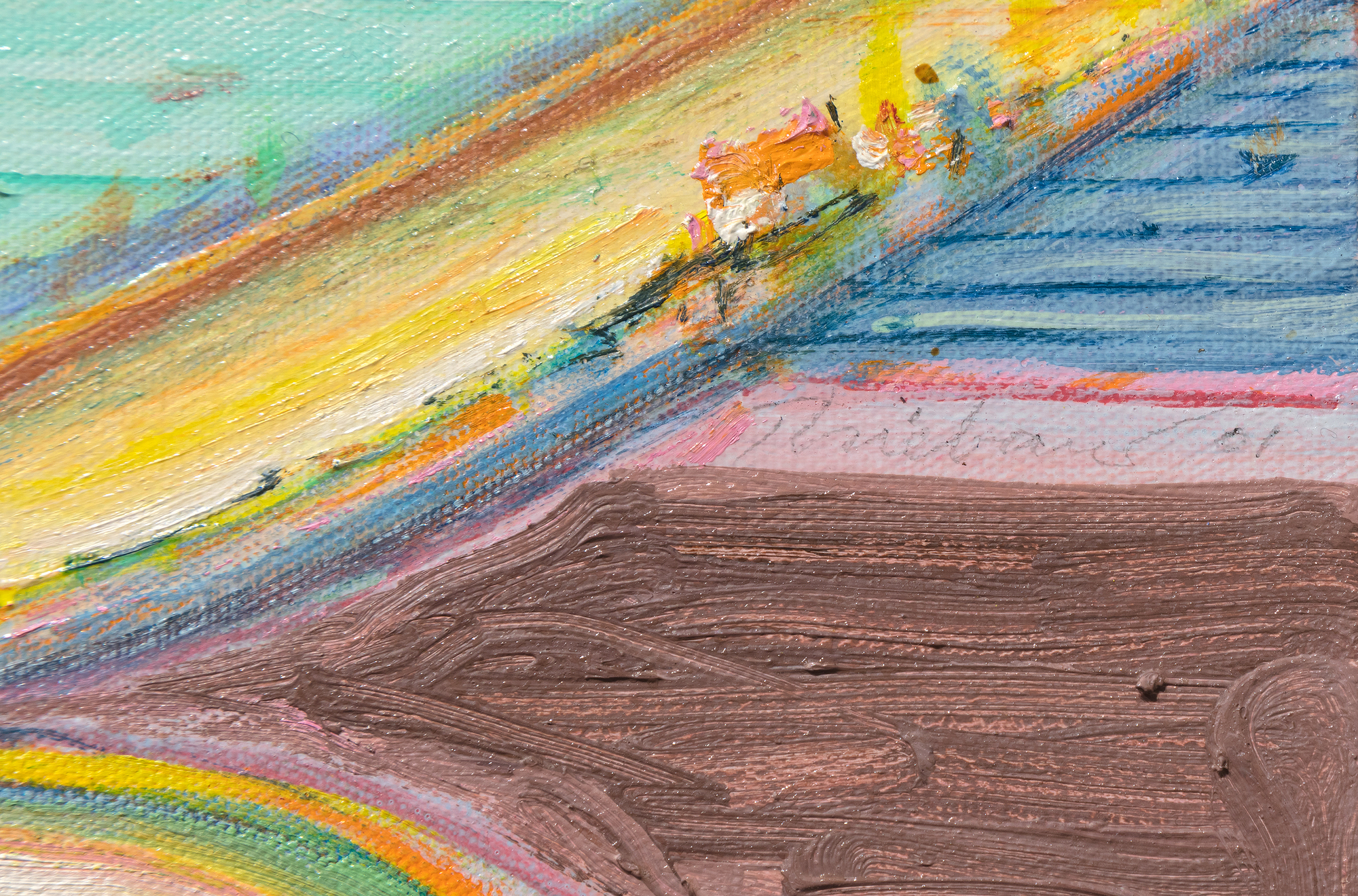 WAYNE THIEBAUD - Das Flusshaus - Öl auf Leinwand - 18 x 35 3/4 Zoll.