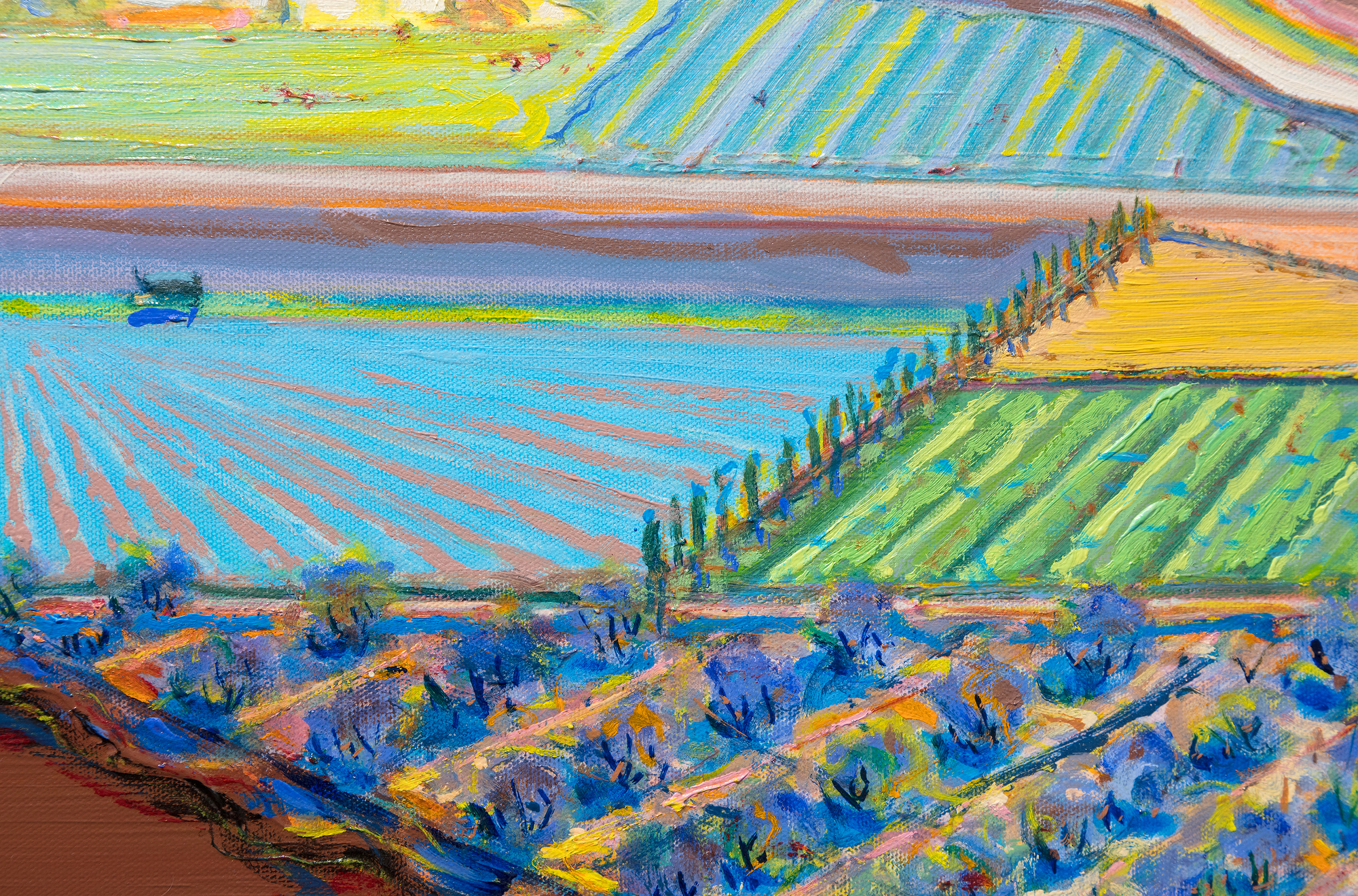 WAYNE THIEBAUD - The Riverhouse When forty rural Sacramento Delta landscapes by Wayne Thiebaud were unveiled at a San Francisco gallery opening in November 1997, attendees were amazed by paintings they never anticipated. This new frontier betrayed neither Thiebaud’s mastery of confectionary-shop colors nor his impeccable eye for formal relationships. Rather, his admirers were shocked to learn that all but seven of these forty interpretations had been completed in just two years. As his son Paul recalled, “the refinements of my father’s artistic process were ever changing in a chameleon-like frenzy.” The new direction had proved an exhilarating experience, each painting an affirmation of Wayne Thiebaud’s impassioned response to the fields and levees of the local environment he dearly loved.
<br>
<br>Viewed from the perspective of a bird or a plane, The Riverhouse is an agrarian tapestry conceived with a kaleidoscopic range of shapes and simple forms; fields striped with furrows or striated fans, deliriously colored parallelograms and trapezoids, an orchard garnished pizza-shaped wedge, and a boldly limned river, the lifeline of a thirsty California central valley largely dependent upon transported water.
<br>
<br>The Riverhouse is a painting that ‘moves’ between seamlessly shifting planes of aerial mapping that recalls Richard Diebenkorn’s stroke of insight when he took his first commercial flight the spring of 1951, and those partitions engaging a more standard vanishing point perspective. Thiebaud explained his process as “orchestrating with as much variety and tempo as I can.” Brightly lit with a fauve-like intensity, The Riverhouse is a heady concoction of vibrant pigment and rich impasto; one that recalls his indebtedness to Pierre Bonnard whose color Thiebaud referred to as “a bucket full of hot coals and ice cubes.” Among his many other influences, the insertion of objects — often tiny — that defy a rational sense of scale that reflects his interest in Chinese landscape painting.
<br>
<br>As always, his mastery as a painter recalls his titular pies and cakes with their bewitching rainbow-like halos and side-by-side colors of equal intensity but differing in hues to create the vibratory effect of an aura, what Thiebaud explained “denotes an attempt to develop as much energy and light and visual power as you can.” Thiebaud’s Sacramento Delta landscapes are an integral and important part of his oeuvre. Paintings such as The Riverhouse rival the best abstract art of the twentieth century. His good friend, Willem de Kooning thought so, too.