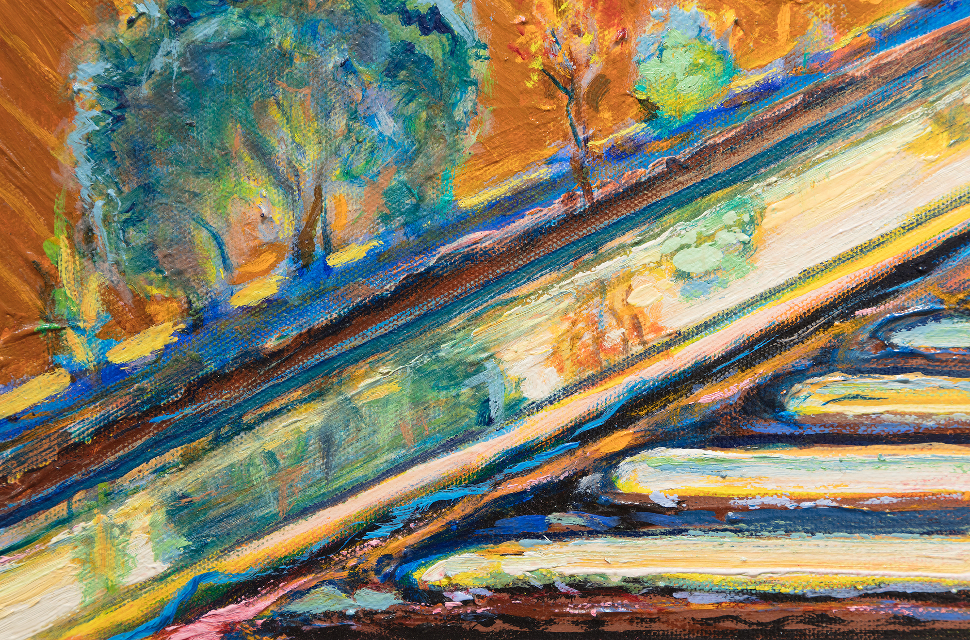 WAYNE THIEBAUD - The Riverhouse When forty rural Sacramento Delta landscapes by Wayne Thiebaud were unveiled at a San Francisco gallery opening in November 1997, attendees were amazed by paintings they never anticipated. This new frontier betrayed neither Thiebaud’s mastery of confectionary-shop colors nor his impeccable eye for formal relationships. Rather, his admirers were shocked to learn that all but seven of these forty interpretations had been completed in just two years. As his son Paul recalled, “the refinements of my father’s artistic process were ever changing in a chameleon-like frenzy.” The new direction had proved an exhilarating experience, each painting an affirmation of Wayne Thiebaud’s impassioned response to the fields and levees of the local environment he dearly loved.
<br>
<br>Viewed from the perspective of a bird or a plane, The Riverhouse is an agrarian tapestry conceived with a kaleidoscopic range of shapes and simple forms; fields striped with furrows or striated fans, deliriously colored parallelograms and trapezoids, an orchard garnished pizza-shaped wedge, and a boldly limned river, the lifeline of a thirsty California central valley largely dependent upon transported water.
<br>
<br>The Riverhouse is a painting that ‘moves’ between seamlessly shifting planes of aerial mapping that recalls Richard Diebenkorn’s stroke of insight when he took his first commercial flight the spring of 1951, and those partitions engaging a more standard vanishing point perspective. Thiebaud explained his process as “orchestrating with as much variety and tempo as I can.” Brightly lit with a fauve-like intensity, The Riverhouse is a heady concoction of vibrant pigment and rich impasto; one that recalls his indebtedness to Pierre Bonnard whose color Thiebaud referred to as “a bucket full of hot coals and ice cubes.” Among his many other influences, the insertion of objects — often tiny — that defy a rational sense of scale that reflects his interest in Chinese landscape painting.
<br>
<br>As always, his mastery as a painter recalls his titular pies and cakes with their bewitching rainbow-like halos and side-by-side colors of equal intensity but differing in hues to create the vibratory effect of an aura, what Thiebaud explained “denotes an attempt to develop as much energy and light and visual power as you can.” Thiebaud’s Sacramento Delta landscapes are an integral and important part of his oeuvre. Paintings such as The Riverhouse rival the best abstract art of the twentieth century. His good friend, Willem de Kooning thought so, too.