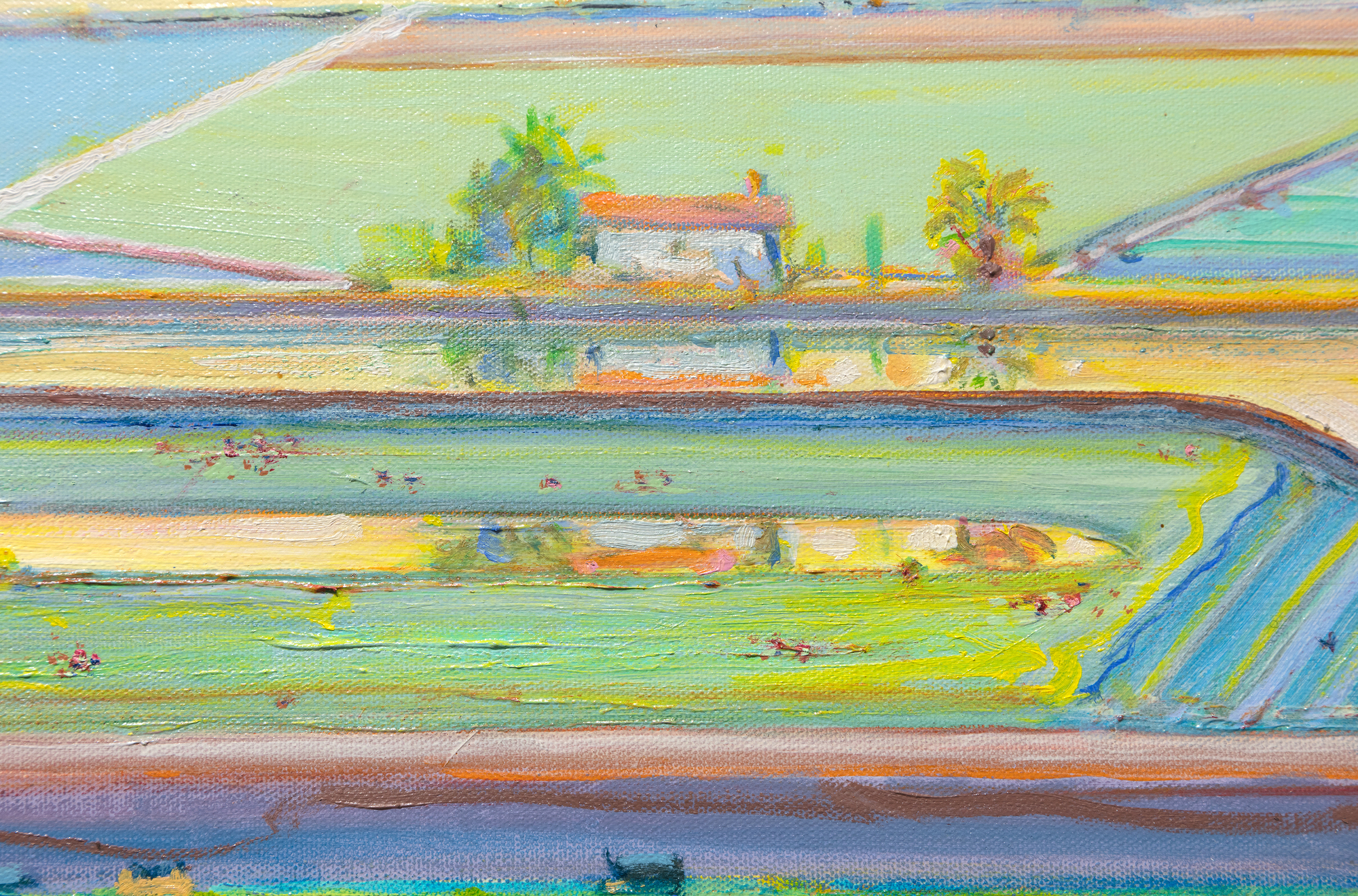 WAYNE THIEBAUD - Das Flusshaus - Öl auf Leinwand - 18 x 35 3/4 Zoll.
