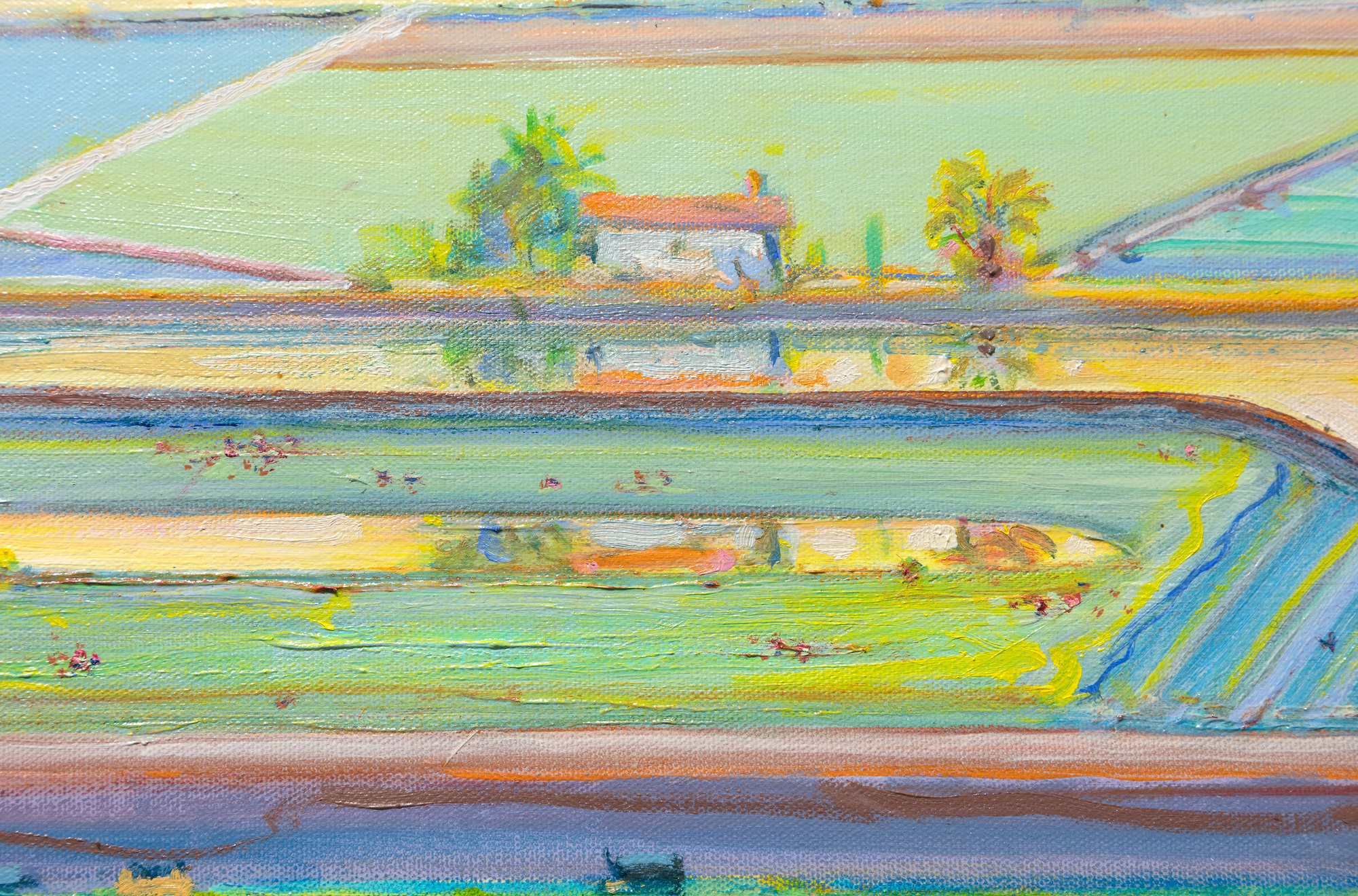 WAYNE THIEBAUD - The Riverhouse When forty rural Sacramento Delta landscapes by Wayne Thiebaud were unveiled at a San Francisco gallery opening in November 1997, attendees were amazed by paintings they never anticipated. This new frontier betrayed neither Thiebaud’s mastery of confectionary-shop colors nor his impeccable eye for formal relationships. Rather, his admirers were shocked to learn that all but seven of these forty interpretations had been completed in just two years. As his son Paul recalled, “the refinements of my father’s artistic process were ever changing in a chameleon-like frenzy.” The new direction had proved an exhilarating experience, each painting an affirmation of Wayne Thiebaud’s impassioned response to the fields and levees of the local environment he dearly loved.
<br>
<br>Viewed from the perspective of a bird or a plane, The Riverhouse is an agrarian tapestry conceived with a kaleidoscopic range of shapes and simple forms; fields striped with furrows or striated fans, deliriously colored parallelograms and trapezoids, an orchard garnished pizza-shaped wedge, and a boldly limned river, the lifeline of a thirsty California central valley largely dependent upon transported water.
<br>
<br>The Riverhouse is a painting that ‘moves’ between seamlessly shifting planes of aerial mapping that recalls Richard Diebenkorn’s stroke of insight when he took his first commercial flight the spring of 1951, and those partitions engaging a more standard vanishing point perspective. Thiebaud explained his process as “orchestrating with as much variety and tempo as I can.” Brightly lit with a fauve-like intensity, The Riverhouse is a heady concoction of vibrant pigment and rich impasto; one that recalls his indebtedness to Pierre Bonnard whose color Thiebaud referred to as “a bucket full of hot coals and ice cubes.” Among his many other influences, the insertion of objects — often tiny — that defy a rational sense of scale that reflects his interest in Chinese landscape painting.
<br>
<br>As always, his mastery as a painter recalls his titular pies and cakes with their bewitching rainbow-like halos and side-by-side colors of equal intensity but differing in hues to create the vibratory effect of an aura, what Thiebaud explained “denotes an attempt to develop as much energy and light and visual power as you can.” Thiebaud’s Sacramento Delta landscapes are an integral and important part of his oeuvre. Paintings such as The Riverhouse rival the best abstract art of the twentieth century. His good friend, Willem de Kooning thought so, too.