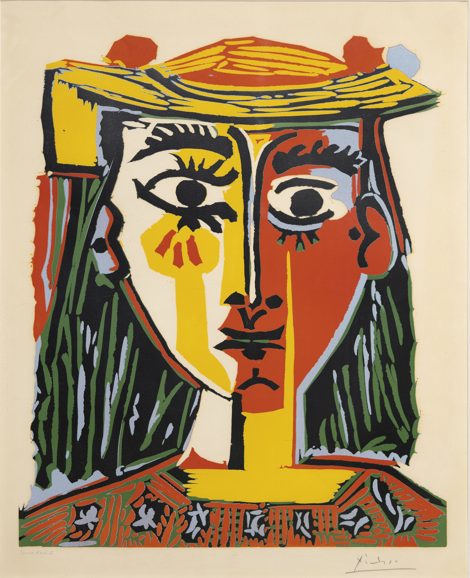 PABLO PICASSO - Buste de Femme au Chapeau Pablo Picasso was not only the greatest painter and most innovative sculptor of the twentieth century, but he was also its foremost printmaker. He produced a staggering number of prints in every conceivable medium. Yet Picasso’s crowning printmaking achievement may be the linocut, a relief print of such a low technical barrier that it is accessible to almost anyone. If you have ever made a block print and experienced the carving and removing of portions so that a succession of colors can be preserved on the resulting print, it is a thrill to feel in your hand how Picasso created the image.
<br>
<br>Buste de Femme au Chapeau was created in 1962 when Picasso was eighty years of age. Boldly designed and simply conceived, it remains today as a testament to his ever-restless nature and genius for expanding his repertoire. Printed in five vibrant opaque colors – yellow, blue, green, red – and black assembled on the strength of his unmatched graphic skill, it is a portrait inspired by his wife Jacqueline Roque. The assertive layering of color carries a visual impact similar to his paintings in oil. Considered by many collectors as his most important linocut, it was printed and published in an edition of 50. The colors of this particular print — an artist’s proof — are exceptionally fresh and strong.