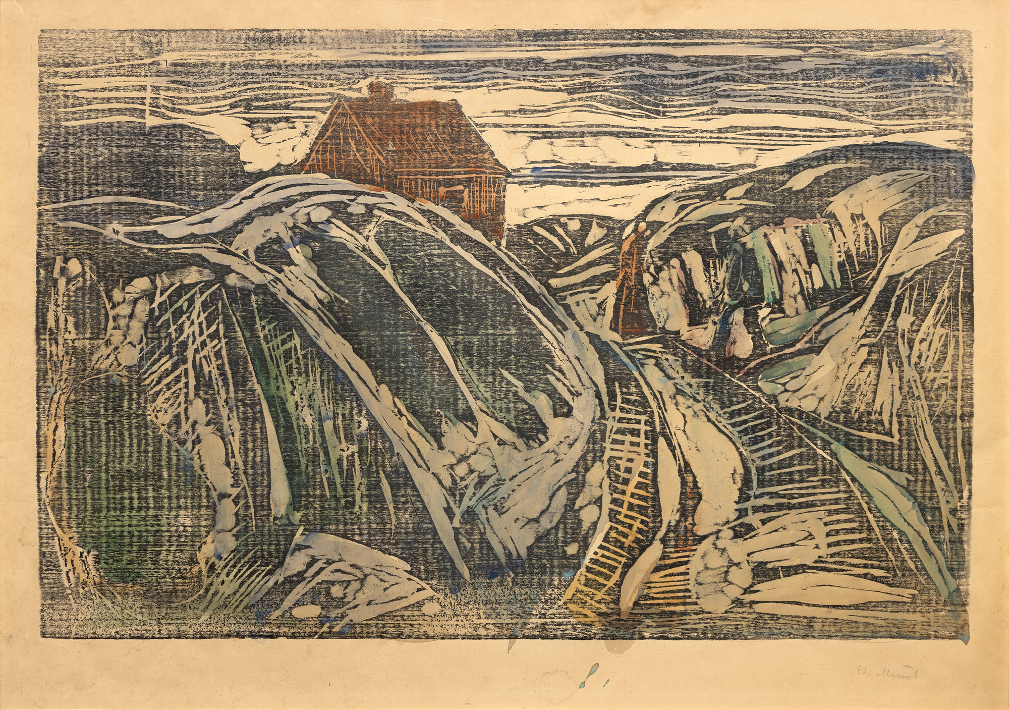 Experimental and highly sophisticated, Munch's innovative "jigsaw technique" involved cutting the woodblock into separate pieces and inking and printing each individually before reassembling them to create the final image. The process produced a variety of colors, unique prints within the same edition, and a wide range of emotions and moods. Richly orchestrated, the undulating forms of House on the Coast I are built through layers of color and texture featuring multiple planes, each contributing to its depth and spatial complexity. The carving and gouging of woodcuts, ideally suited for expressing Edvard Munch's often brutal working mentality, pushed the boundaries of traditional methods and reinforced his commitment to exploring emotional and psychological depth in his art.