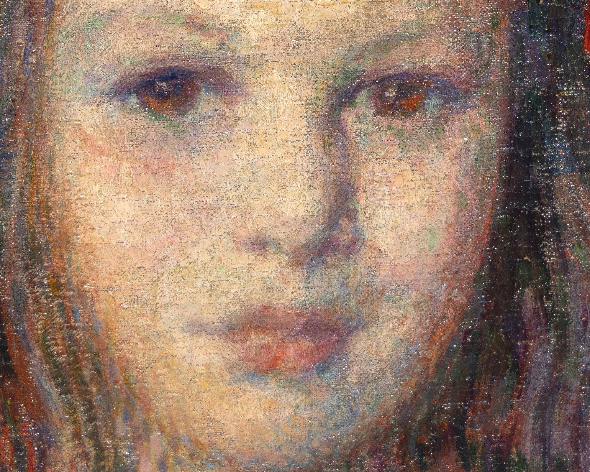 Le Portrait de Sylvie Lacombe, peint par Théo van Rysselberghe en 1906, est un chef-d'œuvre classique réalisé par l'un des portraitistes les plus raffinés et les plus cohérents de son époque. La couleur est harmonieuse, le pinceau vigoureux et adapté à sa tâche matérielle, son corps et son visage sont vrais et révélateurs. La personne représentée est la fille de son grand ami, le peintre Georges Lacombe, qui a partagé une association étroite avec Gauguin et a été membre des Nabis avec les artistes Bonnard, Denis et Vuillard, entre autres. Si nous connaissons aujourd'hui Sylvie Lacombe, c'est grâce à l'habileté de Van Rysselberghe à rendre les subtiles expressions du visage et, par une observation minutieuse et un souci du détail, à donner un aperçu de son monde intérieur. Il a choisi un regard direct, ses yeux vers les vôtres, une alliance inéluctable entre le sujet et le spectateur, quelle que soit notre relation physique avec le tableau. Van Rysselberghe avait largement abandonné la technique pointilliste lorsqu'il a peint ce portrait. Mais il a continué à appliquer les principes de la théorie des couleurs en utilisant des teintes de rouge - roses et mauves - contre des verts pour créer une palette harmonieuse et améliorée de couleurs complémentaires à laquelle il a ajouté un accent fort pour attirer le regard - un nœud rouge intensément saturé posé de manière asymétrique sur le côté de sa tête.
