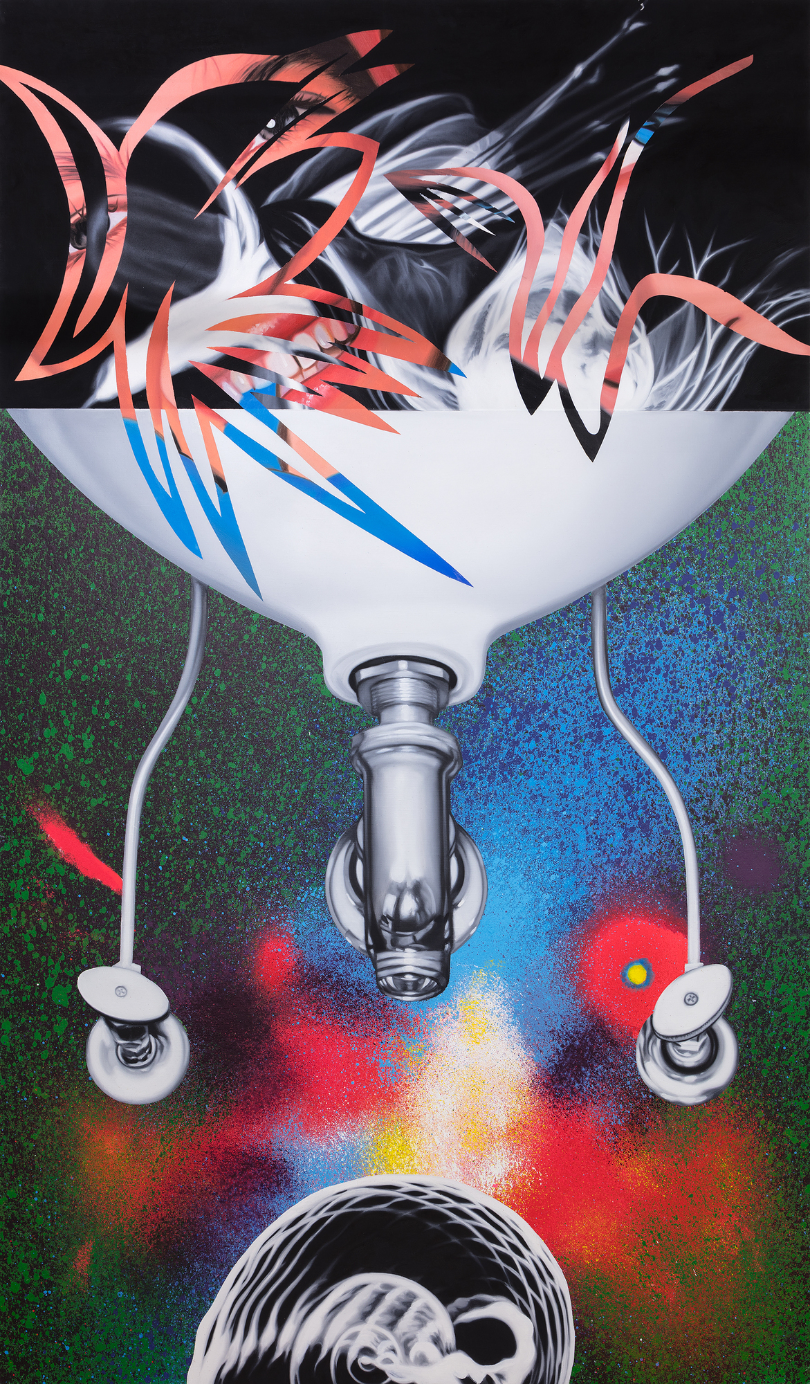 JAMES ROSENQUIST - Where the Water Goes The Pop Art movement elevated common, often commercial subjects- redefining them as Fine Art. James Rosenquist's work helped shape the trajectory of the Pop Art phenomenon, and he was one of the few artists from this group to live well into the 21st century.
<br>
<br>"Where the Water Goes" (1988) is an oil painting on canvas related to a series of monumentally scaled pressed paper pulp pieces produced in partnership with master printer Kenneth Tyler. The series is based on collaged visual elements arranged on a monumental scale.
<br>
<br>The works from the "Welcome to the Water Planet" series appear to share a celestial setting and could be inspired by the artist's knowledge of the space shuttle program of the 1980s. Rosenquist also demonstrated his fascination with modern technology in his early masterpiece F-111 (1964-65).