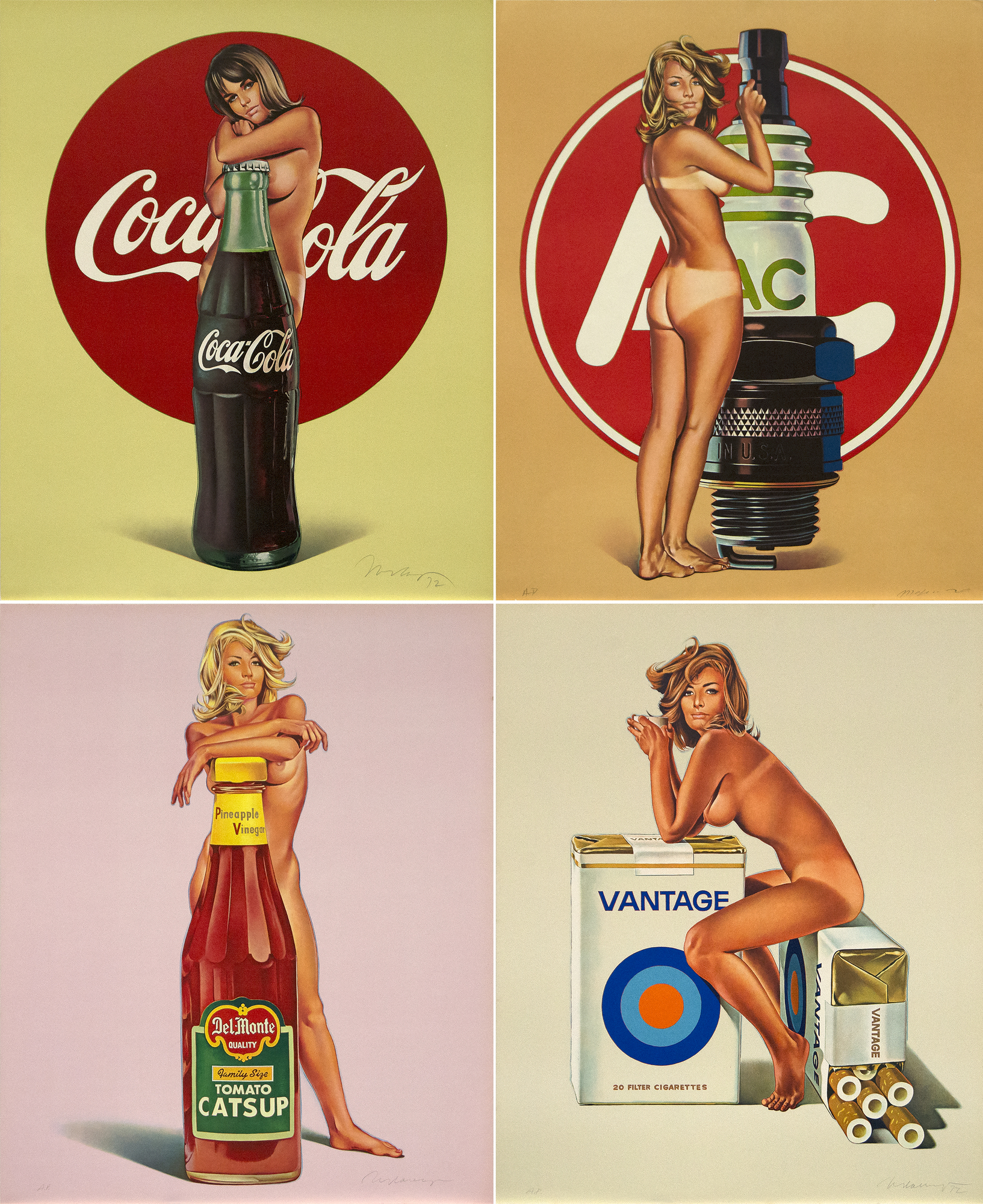 MEL RAMOS - Tomato Catsup; A.C. Annie; Lola Cola; Tobacco Red MEL RAMOS - Tomato Catsup; A.C. Annie; Lola Cola; Tobacco Red - vier farbig gedruckte Offsetlithographien - 30 3/4 x 25 1/4 in. each.