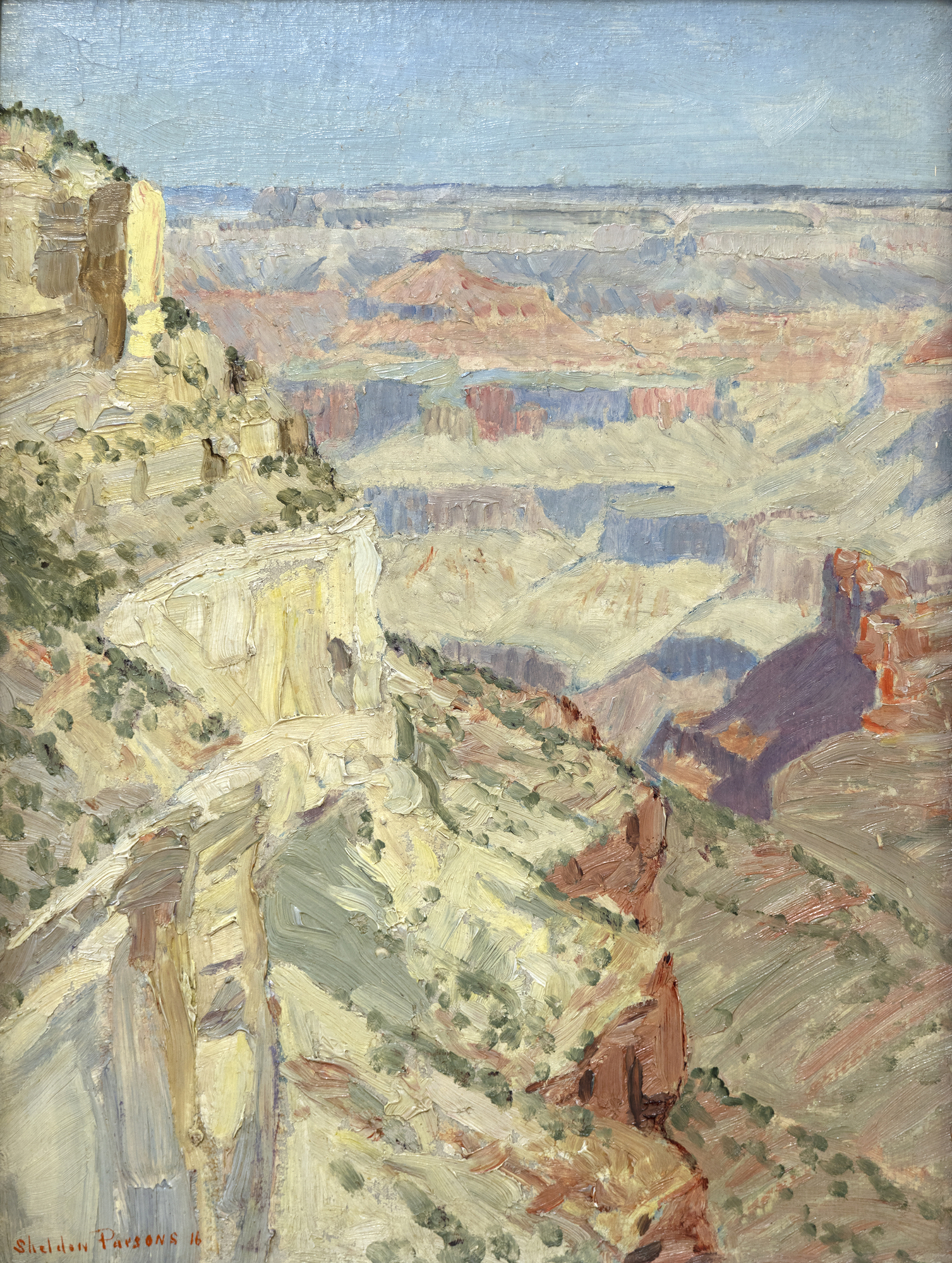 SHELDON ORRIN PARSONS - Grand Canyon Series Born in 1866 and trained at the National Academy of Design under William Merritt Chase, Parsons was among Santa Fe's earliest resident painters when he arrived in 1913. Parson had contracted tuberculosis the prior year, and the desert climate suited his health, but it was the intense desert light and its dramatic landscape that aroused his aesthetic sensibilities. An accomplished New York portraitist, he was thrilled to replace those former soft, dark tones with high-keyed hues that conveyed the warmth and color of the Southwest landscape. Parsons was not a modernist, but as curator of the newly established Museum of Fine Arts in Santa Fe, he welcomed modernists, including Robert Henri, Stuart Davis, Marsden Harley, John Sloan, and others, to show at the museum. His stance brought a firestorm of condemnation leading to his dismissal in 1922. <br><br>Parsons painted the Grand Canyon on several occasions. Immortalized in paint by artists from Thomas Moran to the Taos founders and innumerable contemporary artists, Parsons' earliest known example, Morning in the Canyon, is dated 1916.