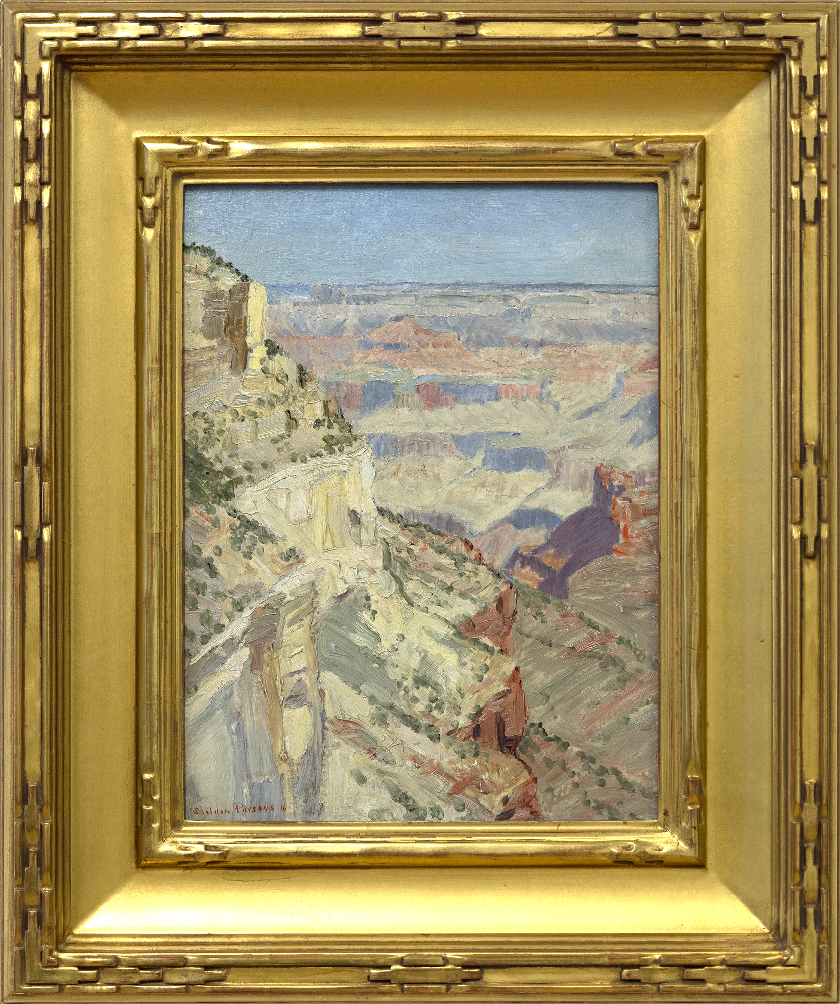 SHELDON ORRIN PARSONS - Grand Canyon Series Born in 1866 and trained at the National Academy of Design under William Merritt Chase, Parsons was among Santa Fe's earliest resident painters when he arrived in 1913. Parson had contracted tuberculosis the prior year, and the desert climate suited his health, but it was the intense desert light and its dramatic landscape that aroused his aesthetic sensibilities. An accomplished New York portraitist, he was thrilled to replace those former soft, dark tones with high-keyed hues that conveyed the warmth and color of the Southwest landscape. Parsons was not a modernist, but as curator of the newly established Museum of Fine Arts in Santa Fe, he welcomed modernists, including Robert Henri, Stuart Davis, Marsden Harley, John Sloan, and others, to show at the museum. His stance brought a firestorm of condemnation leading to his dismissal in 1922.
<br>
<br>Parsons painted the Grand Canyon on several occasions. Immortalized in paint by artists from Thomas Moran to the Taos founders and innumerable contemporary artists, Parsons' earliest known example, Morning in the Canyon, is dated 1916.