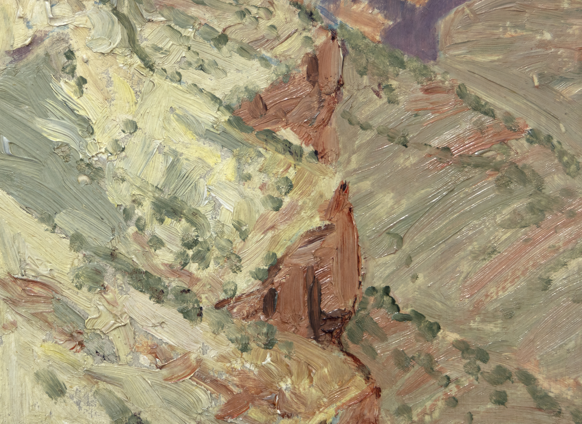SHELDON ORRIN PARSONS - Grand Canyon Series Born in 1866 and trained at the National Academy of Design under William Merritt Chase, Parsons was among Santa Fe's earliest resident painters when he arrived in 1913. Parson had contracted tuberculosis the prior year, and the desert climate suited his health, but it was the intense desert light and its dramatic landscape that aroused his aesthetic sensibilities. An accomplished New York portraitist, he was thrilled to replace those former soft, dark tones with high-keyed hues that conveyed the warmth and color of the Southwest landscape. Parsons was not a modernist, but as curator of the newly established Museum of Fine Arts in Santa Fe, he welcomed modernists, including Robert Henri, Stuart Davis, Marsden Harley, John Sloan, and others, to show at the museum. His stance brought a firestorm of condemnation leading to his dismissal in 1922. <br><br>Parsons painted the Grand Canyon on several occasions. Immortalized in paint by artists from Thomas Moran to the Taos founders and innumerable contemporary artists, Parsons' earliest known example, Morning in the Canyon, is dated 1916.
