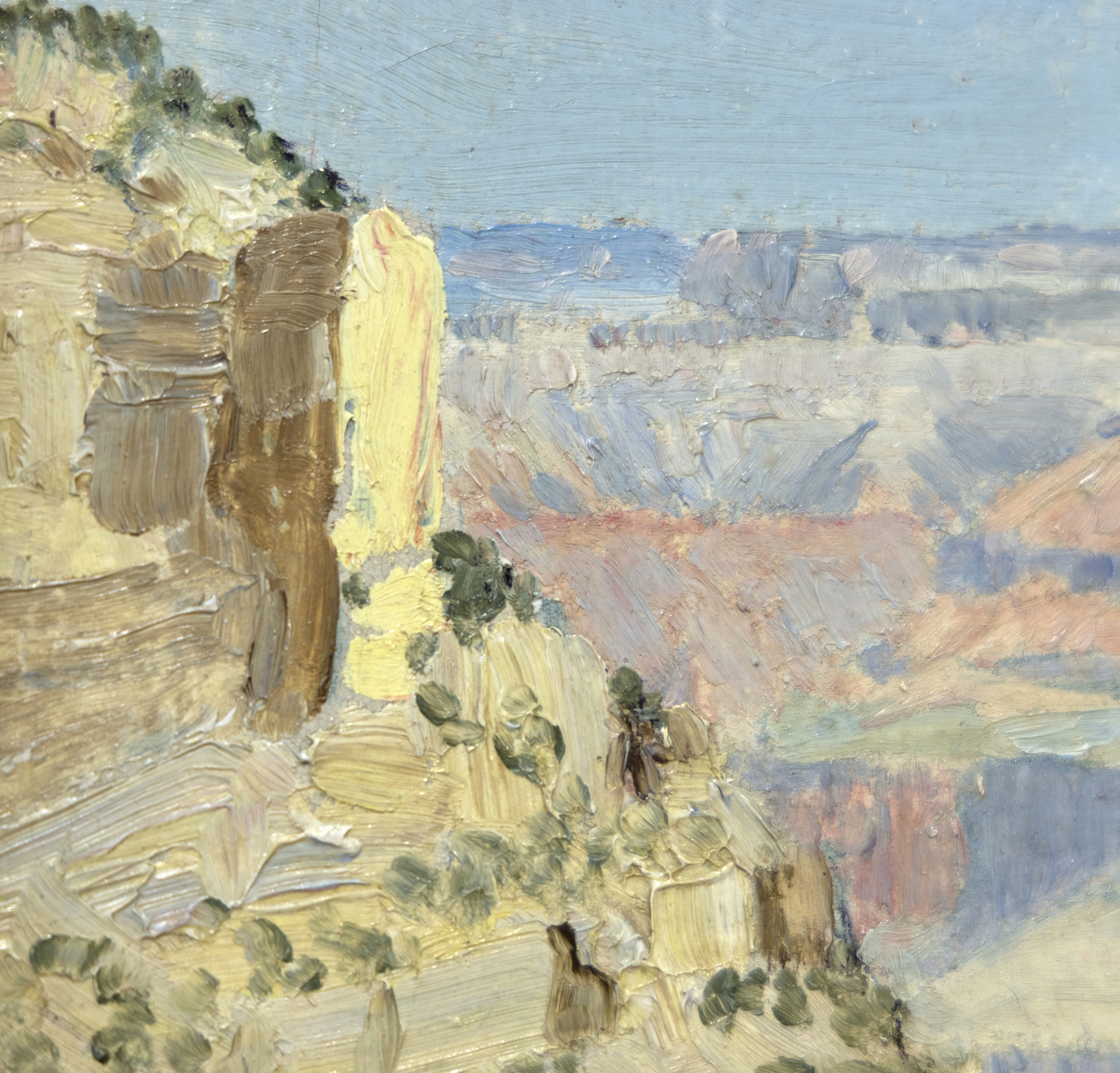 SHELDON ORRIN PARSONS - Grand Canyon Series Born in 1866 and trained at the National Academy of Design under William Merritt Chase, Parsons was among Santa Fe's earliest resident painters when he arrived in 1913. Parson had contracted tuberculosis the prior year, and the desert climate suited his health, but it was the intense desert light and its dramatic landscape that aroused his aesthetic sensibilities. An accomplished New York portraitist, he was thrilled to replace those former soft, dark tones with high-keyed hues that conveyed the warmth and color of the Southwest landscape. Parsons was not a modernist, but as curator of the newly established Museum of Fine Arts in Santa Fe, he welcomed modernists, including Robert Henri, Stuart Davis, Marsden Harley, John Sloan, and others, to show at the museum. His stance brought a firestorm of condemnation leading to his dismissal in 1922. <br><br>Parsons painted the Grand Canyon on several occasions. Immortalized in paint by artists from Thomas Moran to the Taos founders and innumerable contemporary artists, Parsons' earliest known example, Morning in the Canyon, is dated 1916.