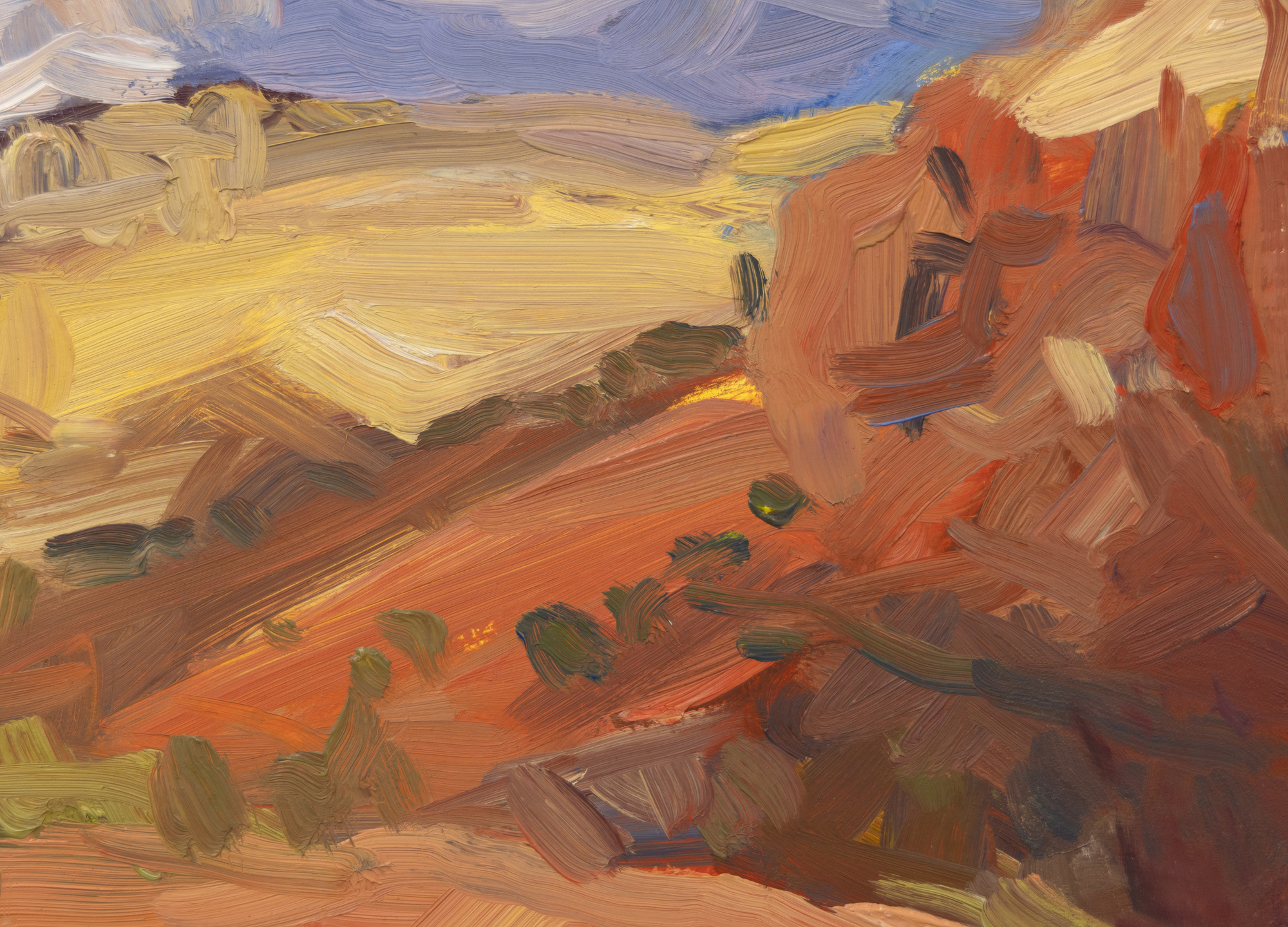 In 1995, Duncan Martin left full-time teaching at the Principia College Studio Art facility to focus on painting and lived in New Mexico, Arizona, and Colorado. Although he later returned to serve as a Professor of Art and Chair of the Art and Art History Department, he is retired and entirely devoted to en plein air landscape painting today. Martin usually begins with long, bold strokes using a palette knife or brush and adjusts with strokes that become smaller, more controlled, and more detailed. He continues to observe, making visual assessments and incremental finishing touches using both ends of the brush. As a painter, Martin is interested in something other than creating facile representational paintings. Instead, he hopes to understand some essential truth not necessarily revealed in its physical details.