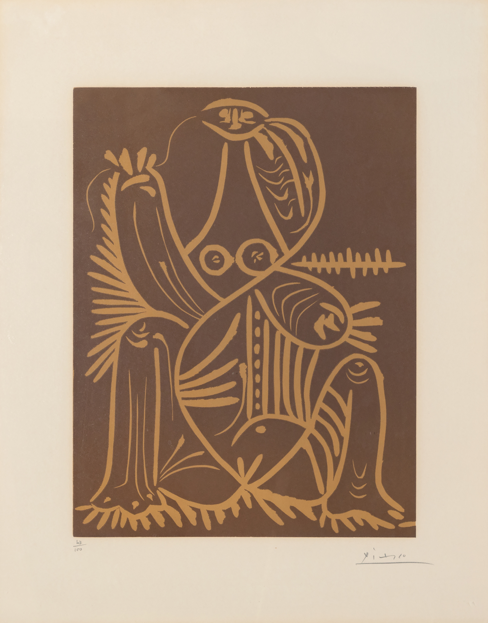PABLO PICASSO - Femme assise en pyjama de plage بابلو بيكاسو - فام آسي في بيجاما دي بلاج - لينوكت - 21 1/2 × 17 بوصة.