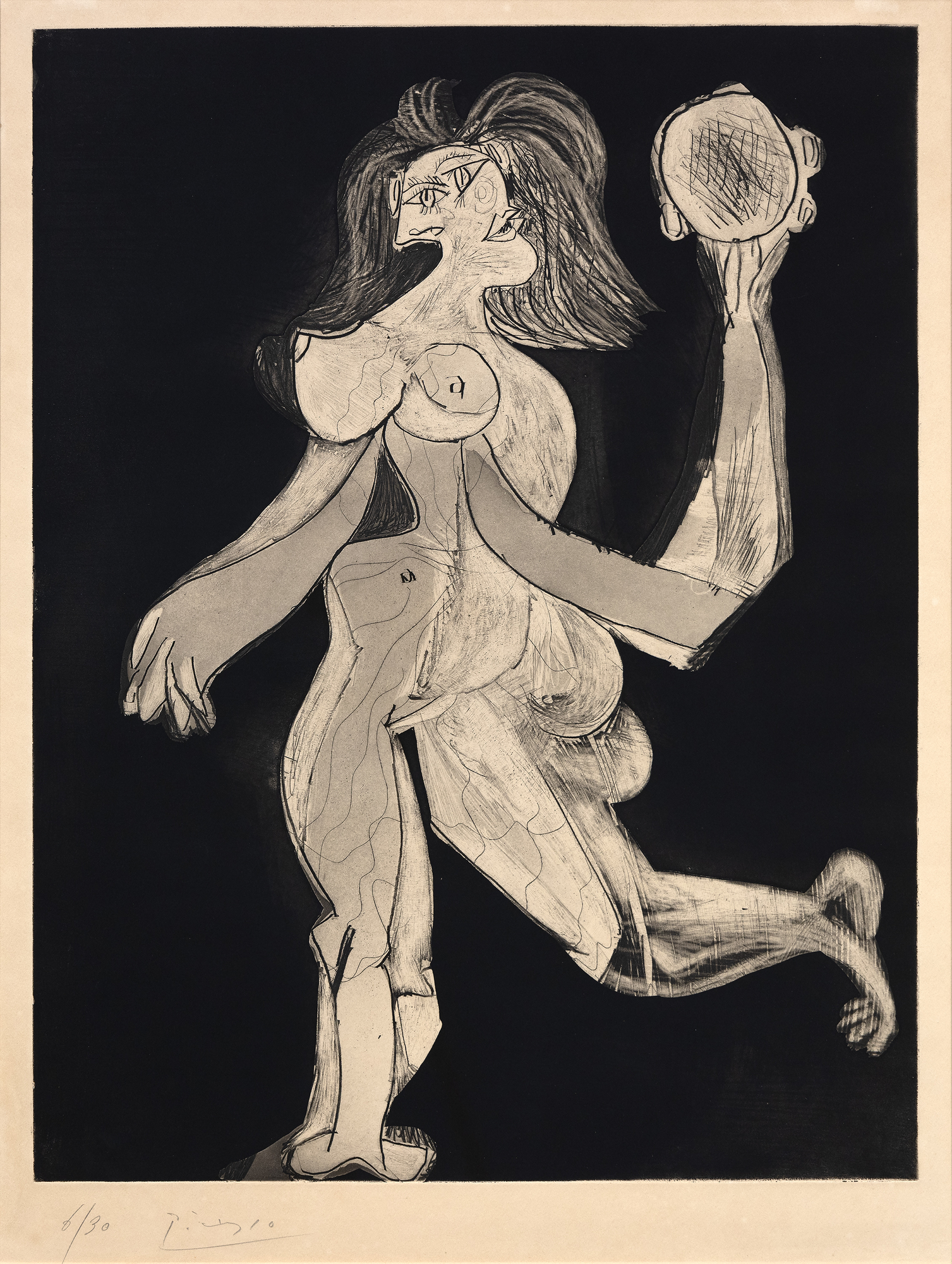PABLO PICASSO - La femme au tambourin "La femme au tambourin" (1939) is one of Pablo Picasso’s greatest graphic works. Partially based on compositions by Degas and Poussin, the work exudes a strong Classical presence with a Modernist edge. Thought to be a depiction of Dora Maar, Picasso’s lover at the time, the print is highly coveted by institutional and private collectors. One impression from this edition is included in the permanent collection of the Museum of Modern Art, New York, and another is included in the National Gallery of Art, Washington, D.C.<br><br>Picasso’s experimentations in printmaking began in the first decade of the 20th century and engaged him for many decades, into the 1970s. In this time, Picasso embraced multiple methods of printmaking, including lithography, etching, aquatint, and linoleum block printing. His earliest prints were, like the present work, intaglio. With La femme au tambourin, Picasso incorporated the additional medium of aquatint, which yielded a watercolor-like effect throughout the composition and an extreme range of tonal qualities. This technique in particular afforded opportunities for expression that could not be found in painting. For his experimental reach and depth of mastery, Picasso’s corpus of graphic work is among the most highly respected and coveted in the history of art, rivaling that of Rembrandt.