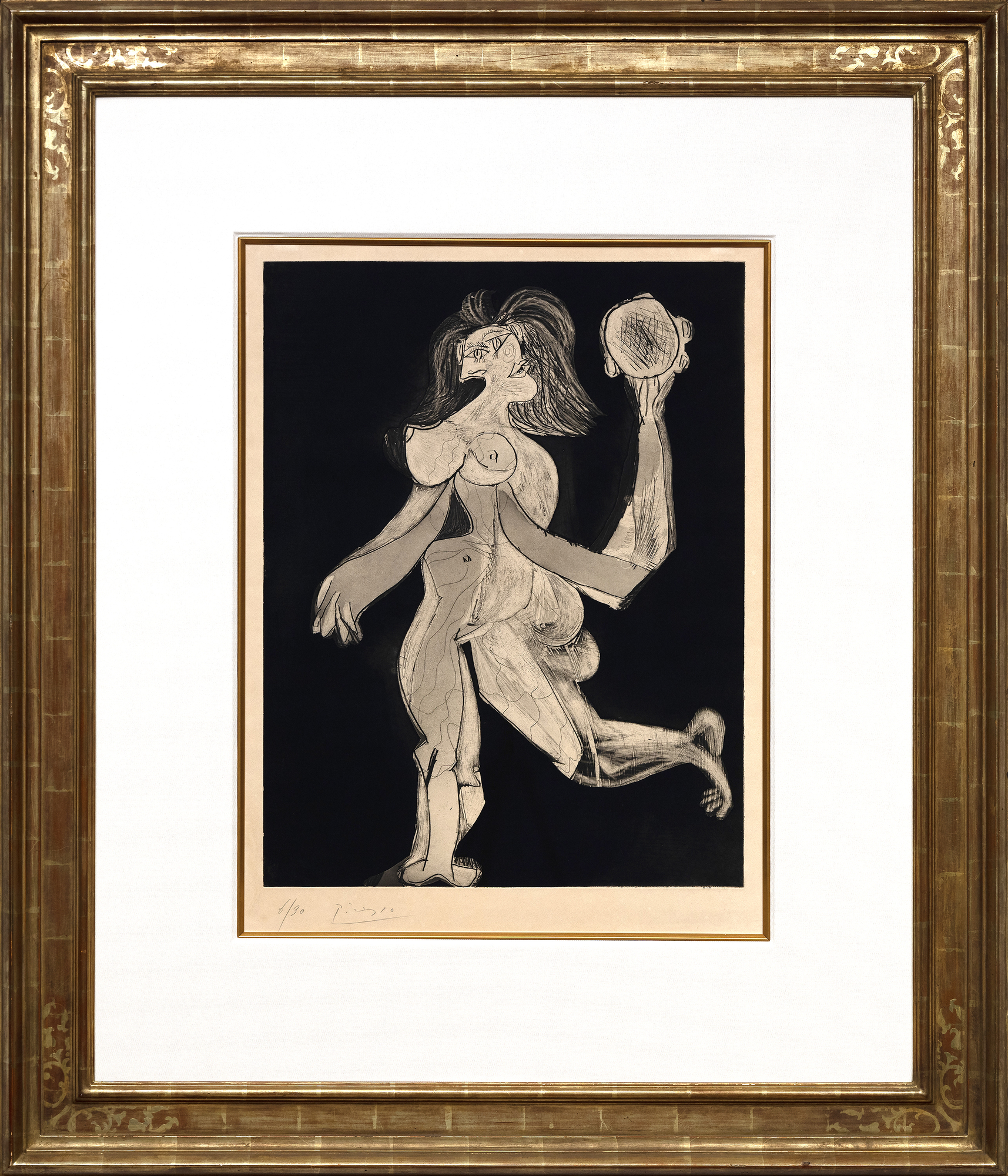 PABLO PICASSO - La femme au tambourin "La femme au tambourin" (1939) is one of Pablo Picasso’s greatest graphic works. Partially based on compositions by Degas and Poussin, the work exudes a strong Classical presence with a Modernist edge. Thought to be a depiction of Dora Maar, Picasso’s lover at the time, the print is highly coveted by institutional and private collectors. One impression from this edition is included in the permanent collection of the Museum of Modern Art, New York, and another is included in the National Gallery of Art, Washington, D.C.<br><br>Picasso’s experimentations in printmaking began in the first decade of the 20th century and engaged him for many decades, into the 1970s. In this time, Picasso embraced multiple methods of printmaking, including lithography, etching, aquatint, and linoleum block printing. His earliest prints were, like the present work, intaglio. With La femme au tambourin, Picasso incorporated the additional medium of aquatint, which yielded a watercolor-like effect throughout the composition and an extreme range of tonal qualities. This technique in particular afforded opportunities for expression that could not be found in painting. For his experimental reach and depth of mastery, Picasso’s corpus of graphic work is among the most highly respected and coveted in the history of art, rivaling that of Rembrandt.