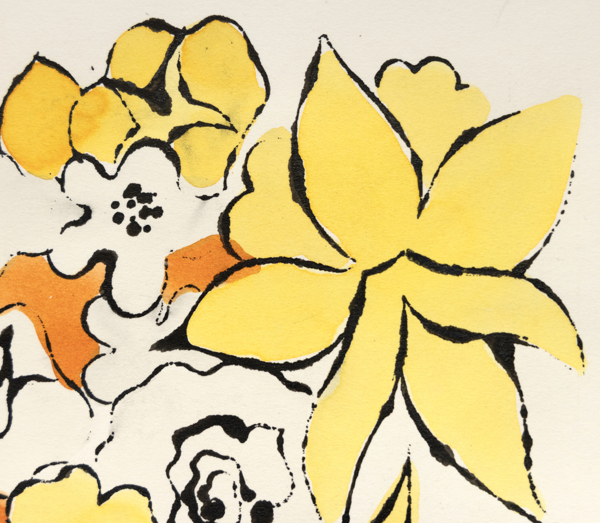 Often overlooked, Warhol's ink and color dye drawings display his knack for reducing motifs and elements to their essential nature using an economy of line and a wonderful playfulness that characterizes each. They often remind us that art can best be effective purveyors of humor and whimsy if uncomplicated and free-flowing. Untitled, Flowers is a forerunning of his famous 1960 Vogue layout, combining drawings of flowers in fluorescent colors. It anticipates Warhol's early inclination to separate line from color, a device that would later give his silkscreen images their abstract immediacy.
