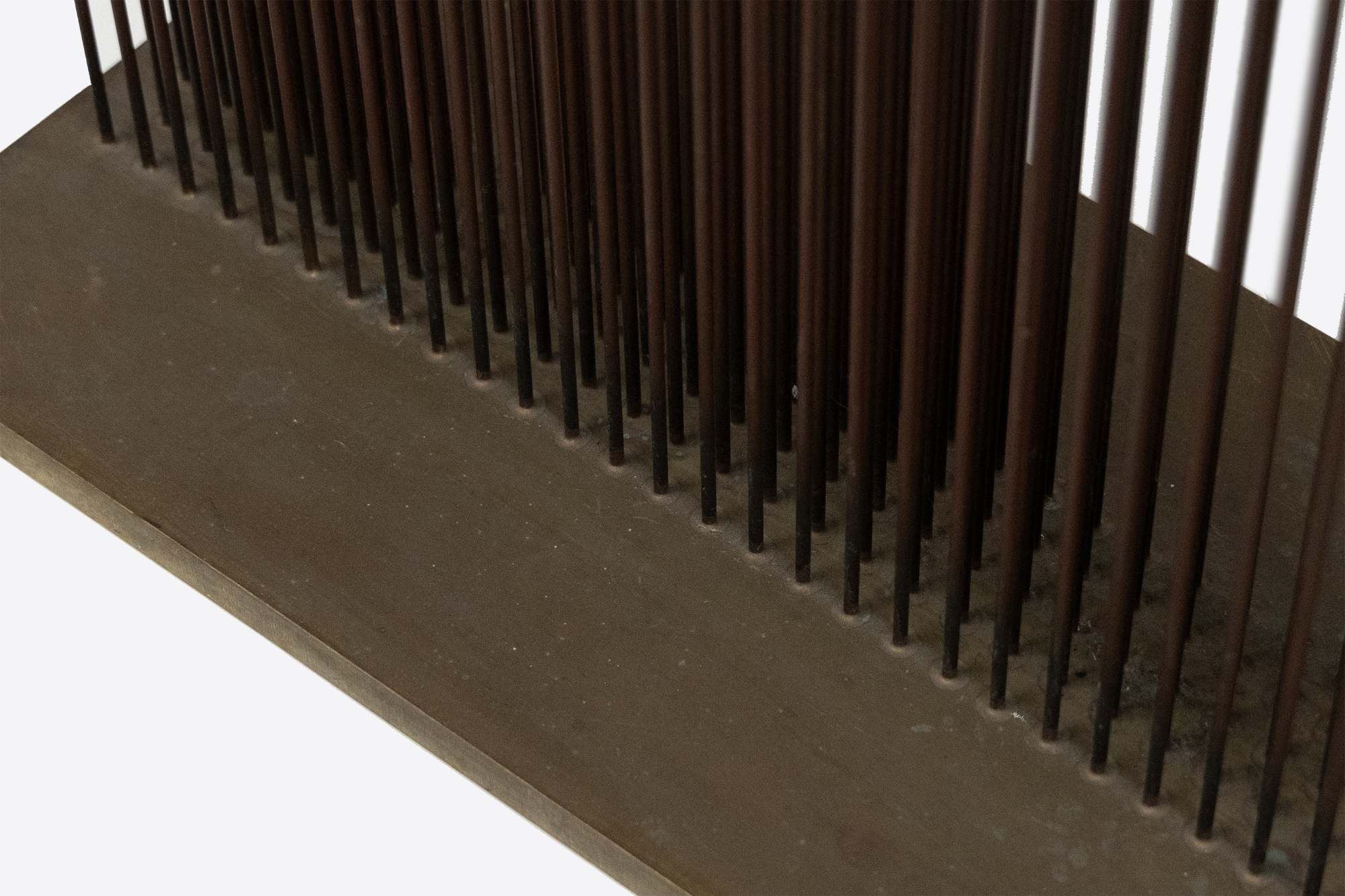 HARRY BERTOIA - Untitled (Sounding Sculpture) <div><font face=Calibri size=3 color=black>Harry Bertoia was an authentic visionary in art, and they are rare. Of those whose métier is sculpture, Alexander Calder and Harry Bertoia are the twentieth-century American standouts. They are engineers of beauty; their creative currency is feats of invention and pure artistry that honor our experience of them (if we are willing to quiet our mind) as if a sacred event. It was Duchamp who suggested Calder call his kinetic works “mobiles”, but it was up to Bertoia himself to coin a word to describe something for which there was little precedent. Visually precise, kinetic, and offering resonant, vibratory sound, a “Sonambient” sculpture is at once a metaphor for our sentient experience in the world yet capable of inducing an aura of transcendent experience. Given that insight, it is easy to understand Bertoia’s view that “I don’t hold onto terms like music and sculpture anymore. Those old distinctions have lost all their meaning.”</font></div>
<br>
<br><div> </div>
<br>
<br><div><font face=Calibri size=3 color=black>The present “Sonambient” sculpture is a forty-eight-inch-tall curtain of thin-gauged tines. Once activated, it becomes a 15 3/4 inch long, 8 inches deep wall of sound. Five rows of narrow tines are staggered in number, alternating between 30 and 29 tines that, when activated, present as an undulating wall of sound. When touched or moved by air currents, the rods produce a sound that, while metallic, does not betray its source of inspiration: the serene connection Bertoia felt in observing the gentle undulating movement of desert grasses. As always, this is a Bertoia sculpture that invites participation in the experience of changing shapes and sounds, a participatory work that asks us to be present in the moment, to connect across time with the object and its creator.</font></div>