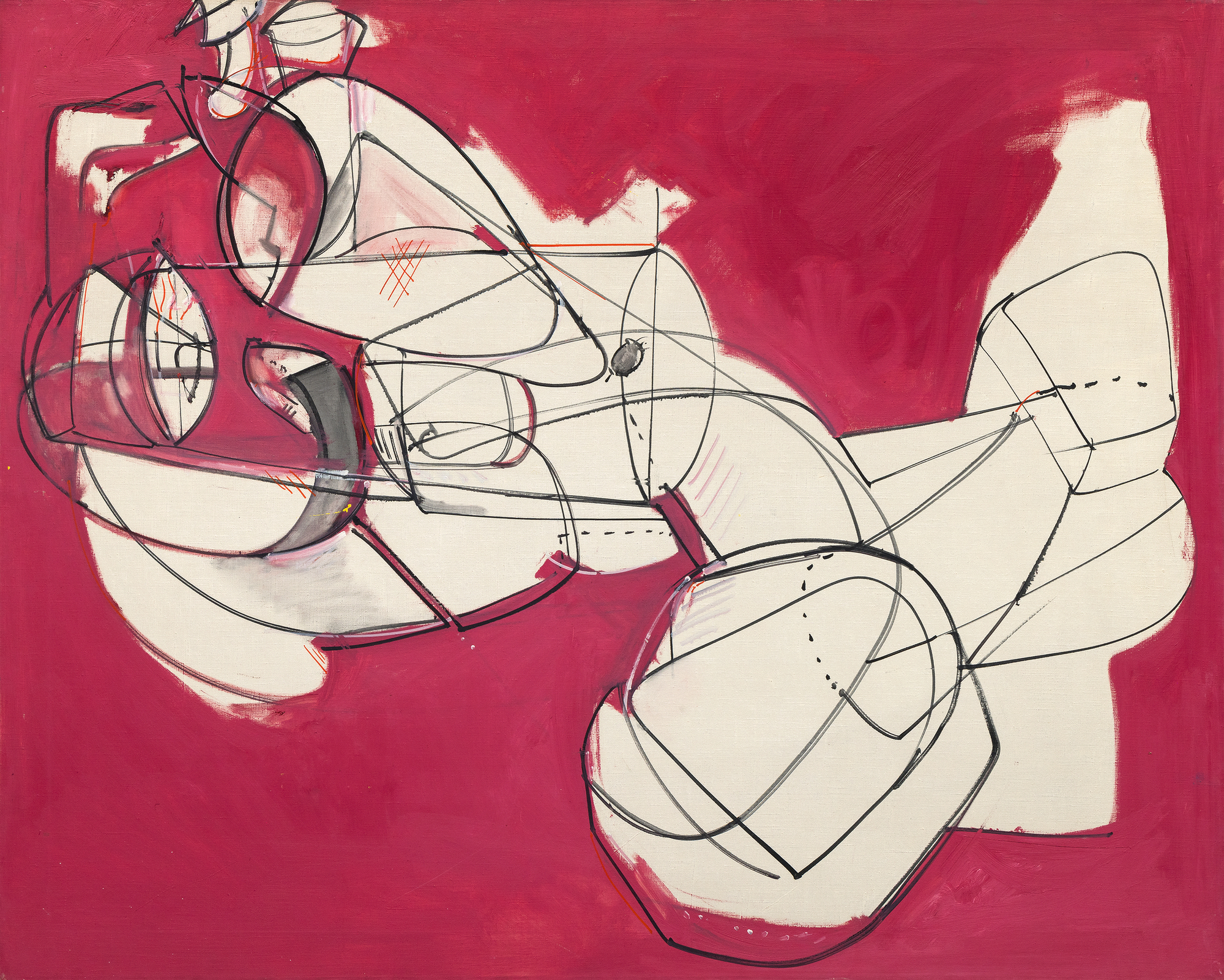 HANS HOFMANN - Astral Image No. 1 <div><font face=Lato size=3 color=black>Hans Hofmann's "<em>Astral Image #1"</em> of 1947 captures a pivotal moment in his artistic evolution as he wrestled with the competing forces of linearity and painterly abstraction. Exhibited in the same year at Betty Parsons Gallery in New York—Hofmann's first show with Parsons — the painting represents a phase of intense experimentation in which Cubist-inspired linear elements took center stage. Lines arc and stretch across the canvas, creating a dynamic framework that opens into areas filled with flatly applied alizarin crimson. These contrasting forces give the work a sense of tension and vitality.</font></div><br><br><div> </div><br><br><div><font face=Lato size=3 color=black>During this period, Hofmann's reliance on linearity provided a departure from the more fluid, painterly dynamism of his earlier works. From 1944 to 1951, this linear impulse permeated his practice, signaling a prolonged exploration of modes of expression in which he grappled with reconciling abstraction and structure. While some viewed this phase as a retreat from the energetic breakthroughs that defined American art's rise to global prominence, others recognized the distinctiveness of these paintings. <em>Astral Image #1</em> challenged the framework of Hofmann's singular vision, blending Cubist discipline with the vibrant, unruly energy that remained a hallmark of his oeuvre.</font></div><br><br><div> </div><br><br><div><font face=Lato size=3 color=black>The work's flat planes of bright alizarin crimson, contrasted with the angular momentum of the lines, evoke a cosmos of restless energy, hinting at the celestial themes suggested by its title. This painting reflects Hofmann's deliberate explorations during the late 1940s that underscore his unique ability to create works that resist easy categorization, standing apart as deeply personal explorations of form and color.</font></div><br><br><div> </div>