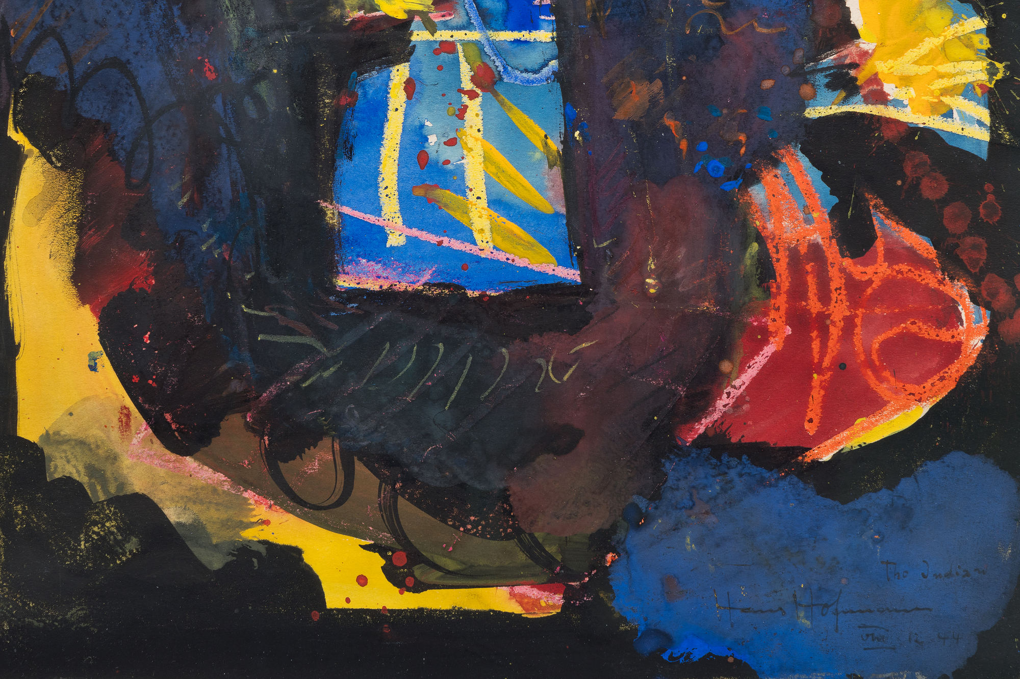 &lt;div&gt;&lt;font face=Lato size=3 color=black&gt;Executed in mixed media on paper, &lt;em&gt;The Indian&lt;/em&gt; from 1944 showcases Hofmann’s ability to offer a powerful interplay between abstraction and figuration. Surrounded by an atmospheric expanse of deep blues and punctuated by vivid accents of red and yellow, the central form suggests the stylized head of a Native American. Shaped not by direct detailing techniques but subtractive reduction, Hofmann shaped the figure by enclosing it with dynamic strokes of the deep blue surround, punctuated by vivid reds and yellows, as if carving the form out of the surrounding space. This approach emphasizes the figure’s presence while allowing it to remain enigmatic, suspended within an atmospheric mélange of bold, gestural marks.&lt;/font&gt;&lt;/div&gt;&lt;br&gt;&lt;br&gt;&lt;div&gt;&nbsp;&lt;/div&gt;&lt;br&gt;&lt;br&gt;&lt;div&gt;&lt;font face=Lato size=3 color=black&gt;The tension between the central form and its vibrant background exemplifies Hofmann’s transition during the 1940s from Cubist rigor to more unrestricted, expressionistic techniques. &lt;em&gt;The Indian&lt;/em&gt; captures the energy of this pivotal period, with its layered abstraction and symbolic undertones reflecting Hofmann’s ability to unite gestural spontaneity with deliberate compositional balance.&lt;/font&gt;&lt;/div&gt;
