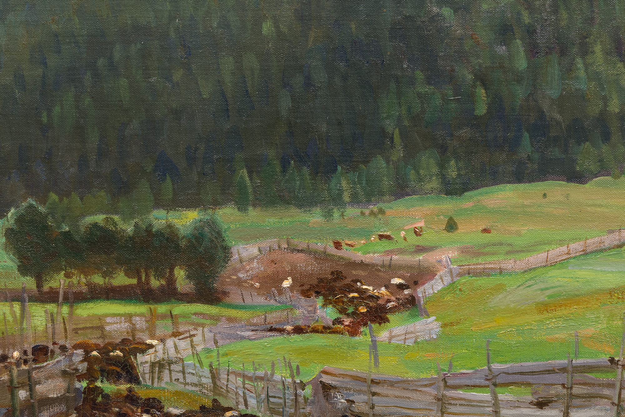 <div><font face=Lato size=3>Painted during John Singer Sargent's trip to the Austrian Tyrol in the summer of 1914, this work captures a moment of profound historical tension as Austria declared war on Serbia that July, placing Sargent at the threshold of the First World War. The painting offers a strikingly intimate and unexpected view of the Alpine landscape, framed from within a sheep pen with the mountain itself largely cropped from sight. This choice of vantage point shifts the viewers focus to the meeting point of the valley and the rising slope, where deep verdant greens anchor the composition and an overcast sky suggests a subtle sense of unease beyond the tranquil pastoral foreground.</font></div><br><br><div>&nbsp;</div><br><br><div><font face=Lato size=3>The work is included in the Sargent catalogue raisonne by Richard Ormond and Elaine Kilmurray, confirming its secure place within the artists documented production. Sargent created several related works during his 1914 stay in the Tyrol across both oil and watercolor, including <em>Tyrolese Interior </em>at The Metropolitan Museum of Art, <em>Woodsheds Tyrol</em> at the Art Institute of Chicago, and <em>Trout Stream</em> <em>in the Tyrol</em> at the de Young Museum. Together these works demonstrate Sargent's sustained engagement with the region and its distinctive light, atmosphere, and rural architecture during this pivotal year.</font></div><br><br><div>&nbsp;</div><br><br><div><font face=Lato size=3>This painting also carries distinguished provenance, having been previously held in the collection of Henry Clay Frick, the American industrialist and founder of the Frick Collection, before being given as a gift to his friend and lawyer Louis Cass Ledyard, who also served as counsel to J P Morgan. Its rarity within Sargents mature Tyrolean subjects is further underscored by the small number of comparable works that have reached the market, with only one closely related painting from this period, A Tyrolese Crucifix from 1915, having appeared at auction in recent decades.</font></div><br><br><div>&nbsp;</div><br><br><div><font face=Lato size=3>Sargents work continues to receive major institutional recognition, including the forthcoming exhibition Sargent Dazzling Paris at the Musee d Orsay in 2025 to 2026, reaffirming the ongoing relevance of his mature European landscapes within the broader narrative of early twentieth century art.</font></div>