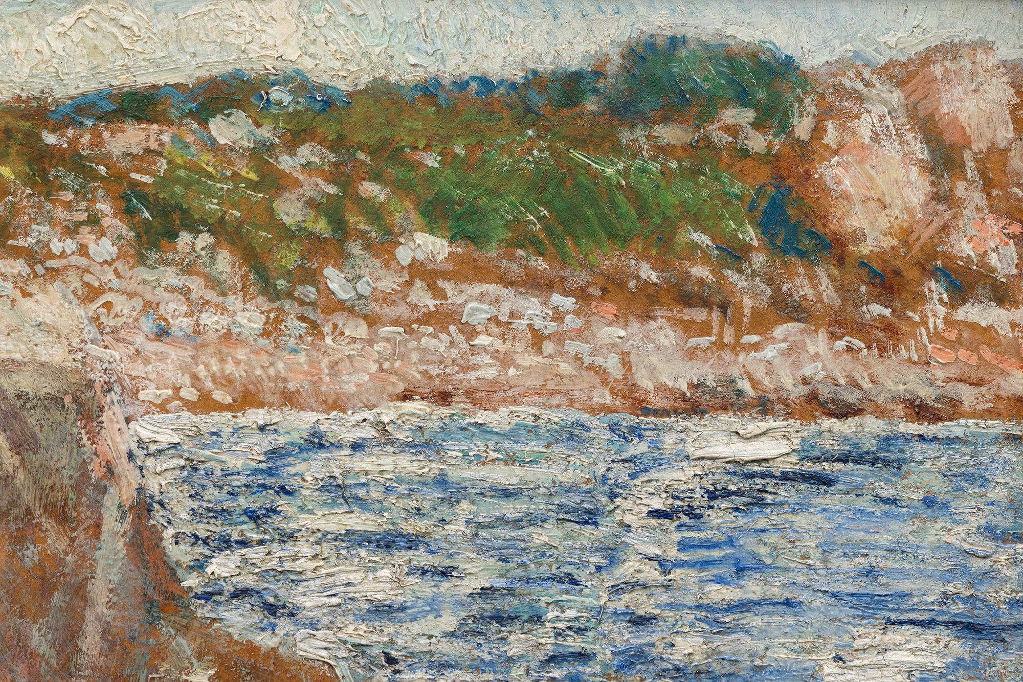 <div><font face=Lato size=3 color=black><em>The Inlet Pool</em> is a radiant example of Childe Hassam’s gift for capturing the interplay of color, light, and atmosphere, with the jewel-like tones of the reflective pool in the foreground revealing his remarkable command of both complex chromatic harmonies and the shimmering surface of water. The composition draws the viewer into an intimate coastal scene where sunlight dances across still water, creating a sense of quiet clarity that is characteristic of Hassam’s finest seascapes.</font></div><br><br><div>&nbsp;</div><br><br><div><font face=Lato size=3 color=black>The painting held deep personal meaning for the artist, remaining in his collection until his death before passing through the hands of prominent collectors including radio and television writer Coleman Jacoby, financiers Robert Kaplan, and later the socialite Mrs. Clayton Rautbord.</font></div><br><br><div>&nbsp;</div><br><br><div><font face=Lato size=3 color=black>Together, these qualities mark the work as a beautifully preserved and deeply expressive example of Hassam’s mature style, showcasing his ability to transform a simple inlet into a scene of brilliant light, subtle movement, and enduring lyricism.</font></div>